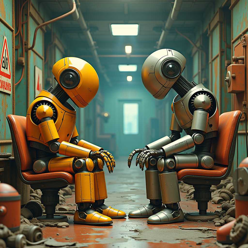 Vibrant, high-contrast matte painting of two retro-futuristic robots, reminiscent of 1960s sci-fi, sitting amidst a cluttered, abandoned warehouse filled with rusted gears, broken machinery, and faded warning signs. The elderly robot, with a warm, golden patina, sports a bulky, cylindrical body, while the younger robot, with a sleek, metallic sheen, has a more streamlined, aerodynamic design. They sit across from each other, engaged in animated conversation, surrounded by a tapestry of rich, complementary colors - burnt oranges, deep teals, and mustard yellows - that evoke a sense of nostalgia and wonder. Inspired by the works of Syd Mead, Daniel Dociu, and Simon Stalenhag, this 8k-resolution image, rendered in Unreal Engine 5, is a celebration of intricate detail, texture, and atmosphere, with a dash of whimsy and humor.