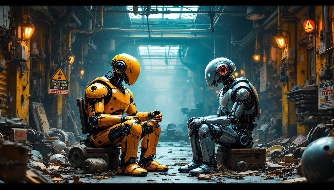 Vibrant, high-contrast matte painting of two retro-futuristic robots, reminiscent of 1960s sci-fi, sitting amidst a cluttered, abandoned warehouse filled with rusted gears, broken machinery, and faded warning signs. The elderly robot, with a warm, golden patina, sports a bulky, cylindrical body, while the younger robot, with a sleek, metallic sheen, has a more streamlined, aerodynamic design. They sit across from each other, engaged in animated conversation, surrounded by a tapestry of rich, complementary colors - burnt oranges, deep teals, and mustard yellows - that evoke a sense of nostalgia and wonder. Inspired by the works of Syd Mead, Daniel Dociu, and Simon Stalenhag, this 8k-resolution image, rendered in Unreal Engine 5, is a celebration of intricate detail, texture, and atmosphere, with a dash of whimsy and humor.