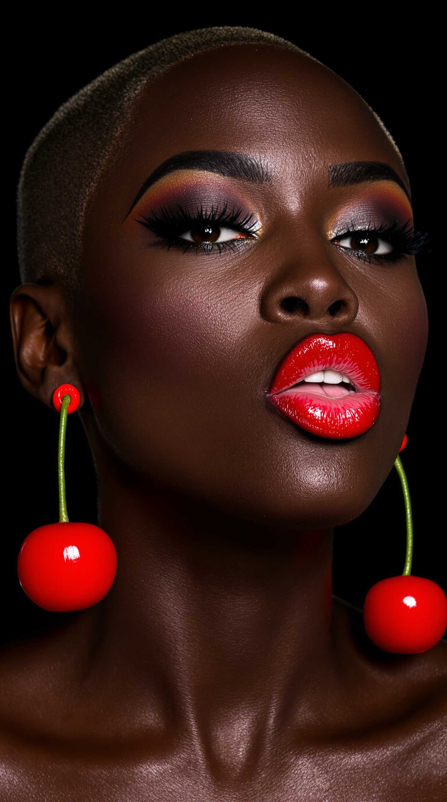 The image is a high-resolution photograph featuring a close-up of a dark-skinned woman with a shaved head, engaging in a playful act of sticking her lips out to mimic a cherry. She has striking makeup, with bold red lipstick and dark eyeshadow that accentuates her eyes. Her skin is smooth and glistens, suggesting she may have a glossy finish. She wears red cherry earrings, which add a whimsical and festive touch to the image.

The background is a solid black, which contrasts sharply with her skin tone and the bright red of her lipstick and earrings, making her the focal point. the color of her lipstick and earrings red.

The photograph's style is bold and artistic, with a focus on dramatic makeup and a playful, almost surreal, pose. The image is visually striking and evokes a sense of celebration and historical significance.