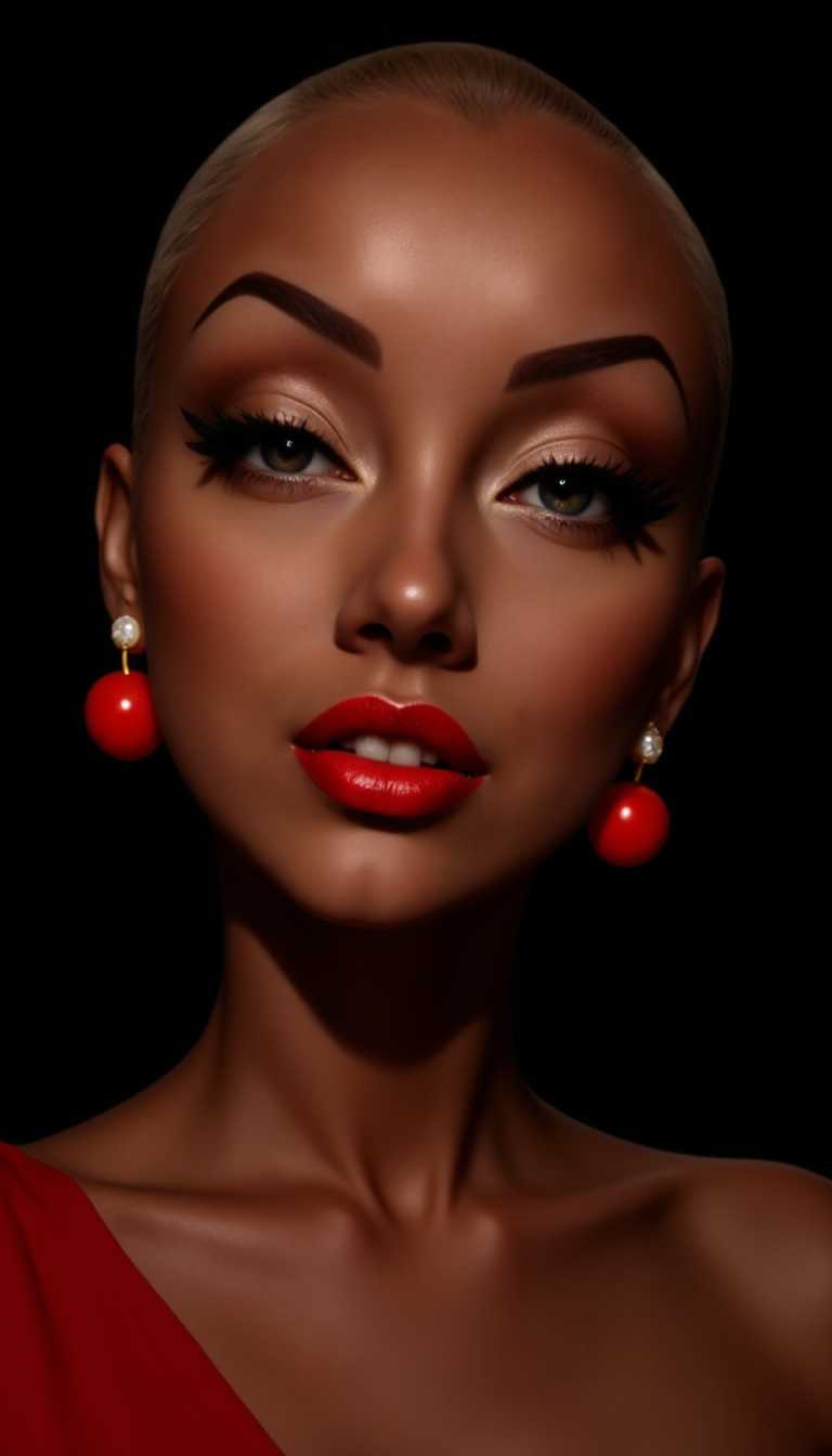 a photo of Marilyn Monroe, The image is a high-resolution photograph featuring a close-up of a dark-skinned woman with a shaved head, engaging in a playful act of sticking her lips. She has striking makeup, with bold red lipstick and dark eyeshadow that accentuates her eyes. Her skin is smooth and glistens, suggesting she may have a glossy finish. She wears red cherry earrings, which add a whimsical and festive touch to the image.

The background is a solid black, which contrasts sharply with her skin tone and the bright red of her lipstick and earrings, making her the focal point. the color of her lipstick and earrings red.

The photograph's style is bold and artistic, with a focus on dramatic makeup and a playful, almost surreal, pose. The image is visually striking and evokes a sense of celebration and historical significance.