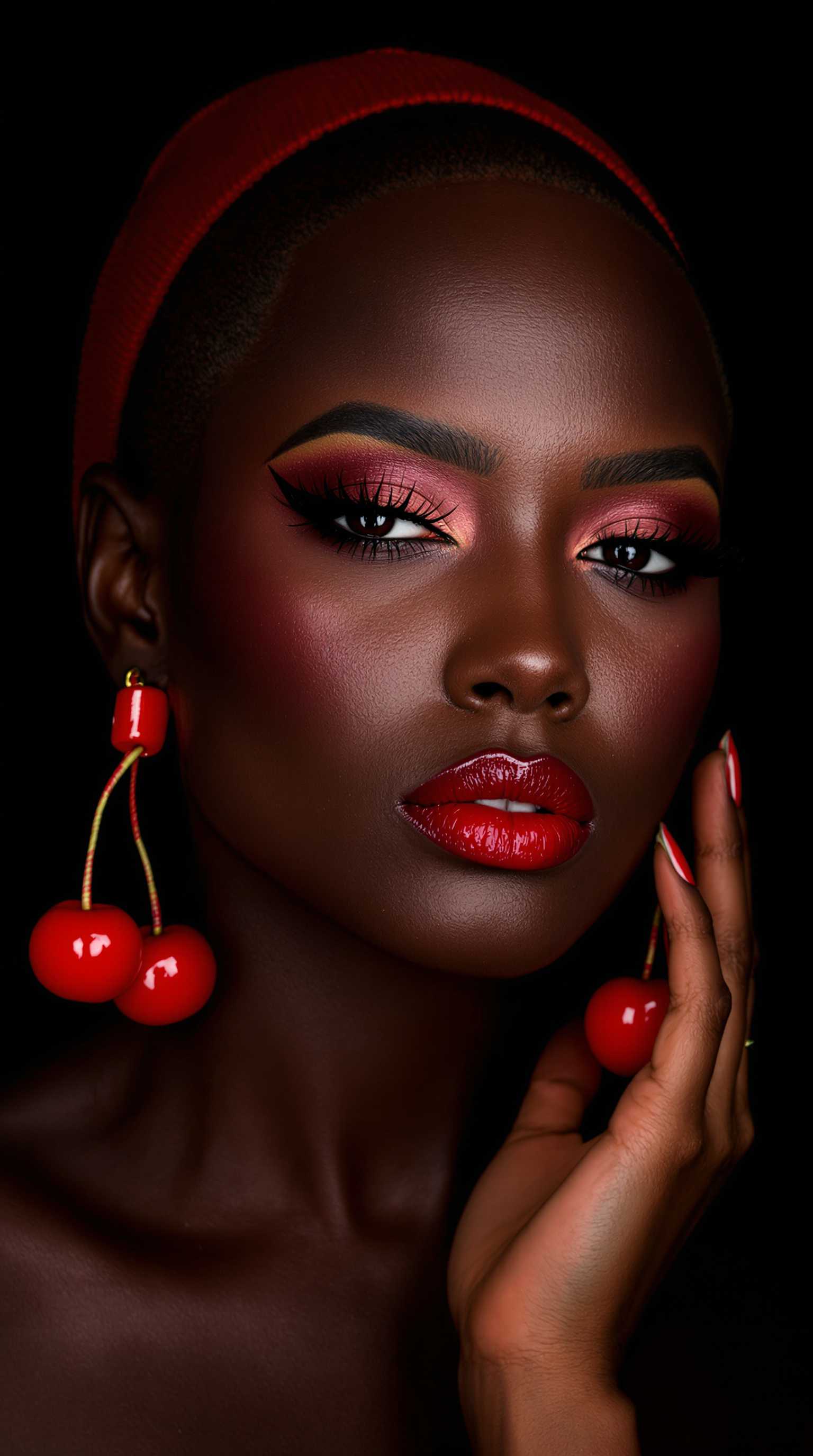 High-resolution photograph of a close-up of a dark-skinned woman with a **shaved head**, showcasing **bold makeup**:

- **Makeup**: Her face is adorned with **striking red lipstick** and **dark, smoky eyeshadow** that accentuates her eyes, creating a **high contrast** with her skin.
- **Skin Texture**: Her skin is **smooth** and has a **glossy finish**, enhancing the visual allure with a **shimmering effect**.
- **Accessories**: She wears **red cherry earrings** that add a **whimsical** and **festive** touch, complementing the color palette.

**Composition**:
- **Framing**: The subject is framed in a **close-up**, focusing on her face and shoulders, ensuring she is the **central focus**.
- **Background**: A **solid black backdrop** contrasts sharply with her skin tone and the **vivid red** of her lipstick and earrings, highlighting her features.

**Lighting and Atmosphere**:
- **Lighting**: Soft, directional lighting that **accentuates** her features without harsh shadows, creating a **soft yet dramatic** effect.
- **Mood**: The image evokes **celebration** and **historical significance**, with an atmosphere that feels **playful** and **surreal**.

**Artistic Style**:
- **Photography Technique**: The photo adopts a **high-key** style with dramatic makeup, reminiscent of **surrealism**, where the subject's expression and pose add to the **surreal** and **artistic** impact.

**Technical Aspects**:
- **Color Balance**: The image maintains a **vibrant color balance** with reds dominating, creating visual **drama** and **focus**.
- **Depth of Field**: A **shallow depth of field** ensures the woman's face remains sharp while the background stays **out of focus**, enhancing the subject's prominence.

The photograph captures a moment of **boldness** and **artistry**, where every element from the makeup to the accessories and the lighting contributes to a unified, **striking** visual narrative.