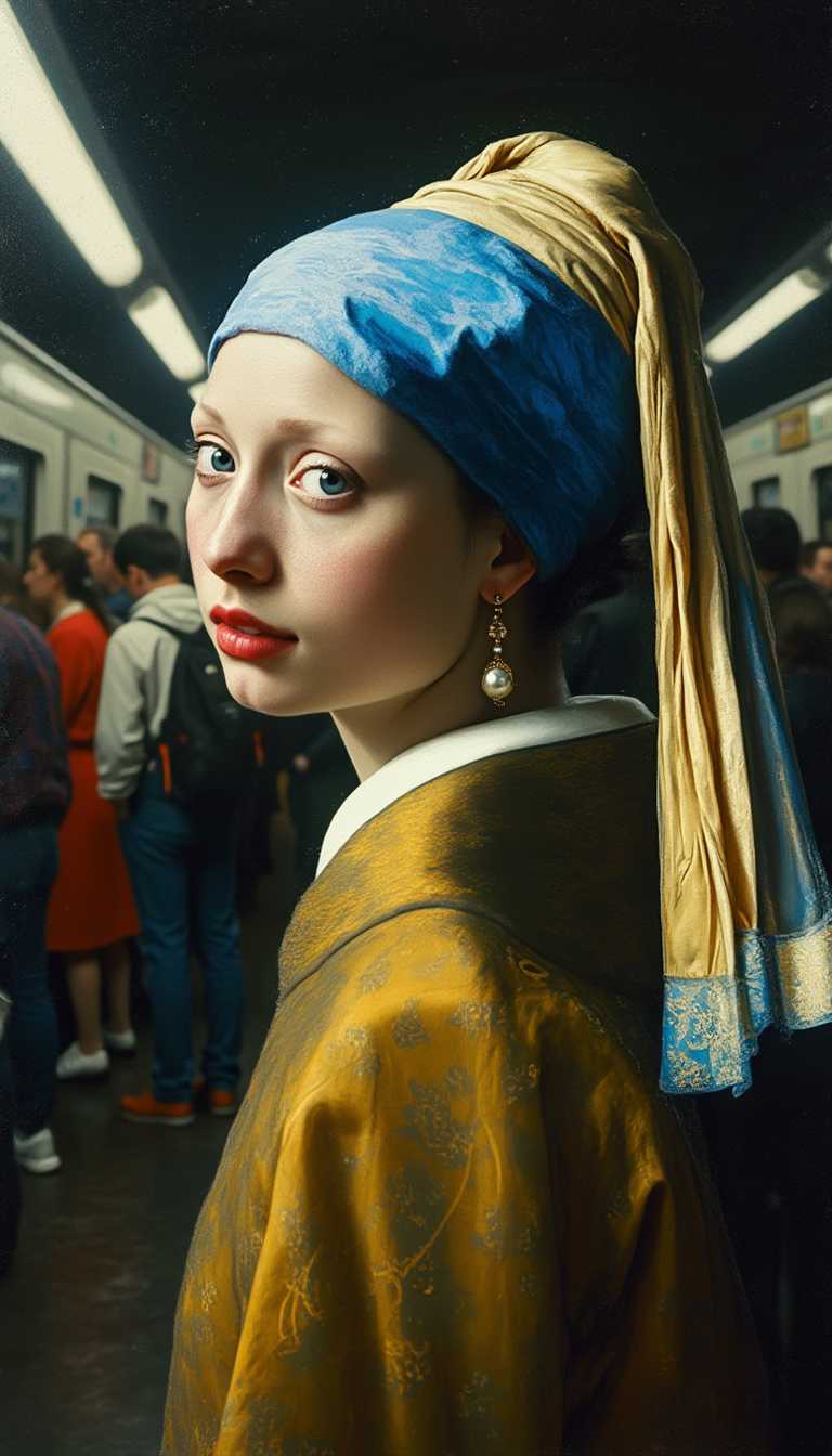 Vermeer's classic painting entitled Girl with Pearl Earring, transparent  lace clothes,crowded subway on background,(masterpiece) (beautiful composition) (Fuji film), dlsr, highres, high resolution, intricately detailed, (hyperrealistic oil painting,4k, highly detailed face, highly detailed skin, volumetric lighting dynamic lighting.
