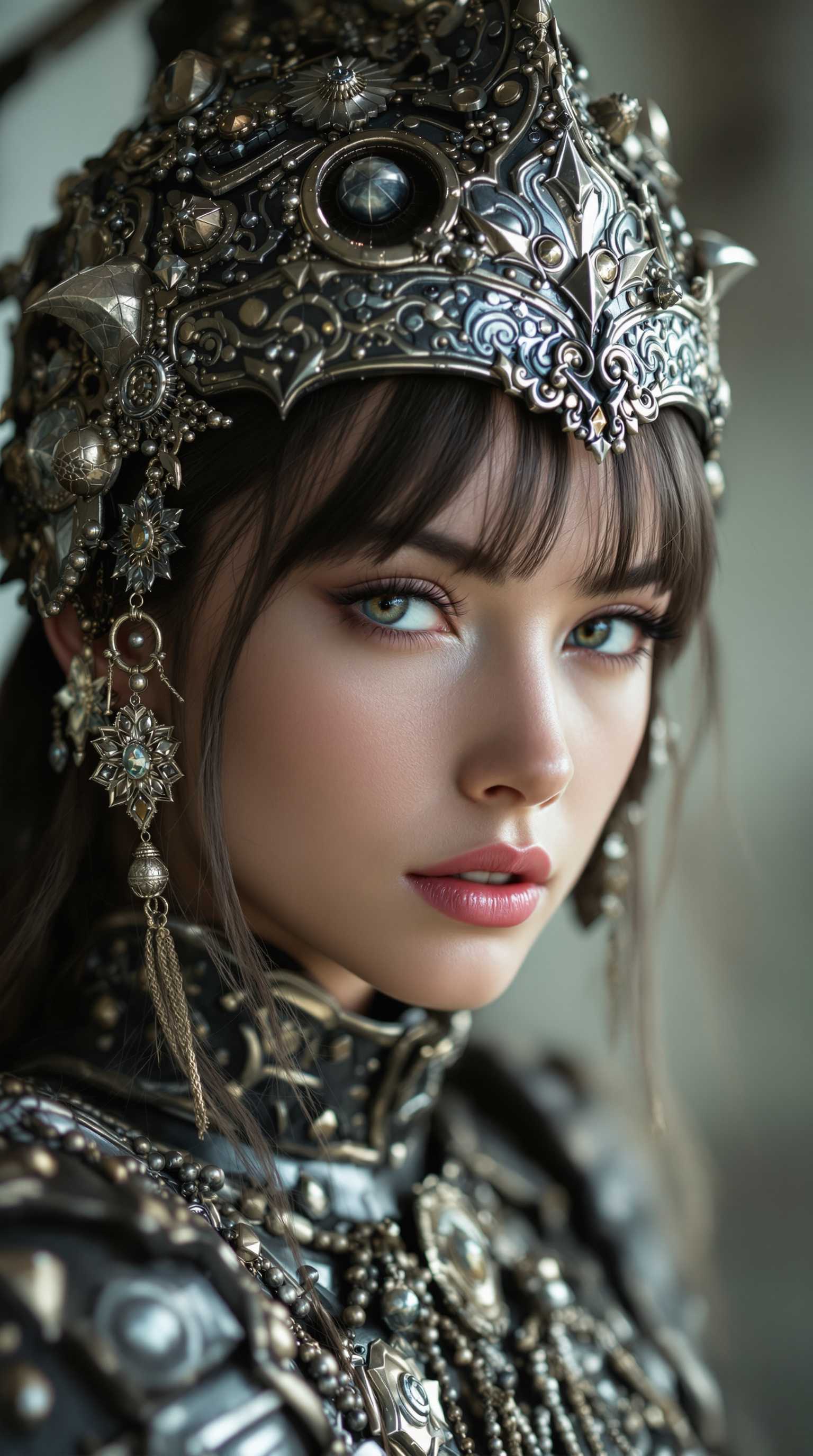 A photograph of an warrior wearing intricate metal armor full of ornaments, taken in a studio with soft and natural lighting, in the style of Guy Aroch. She has bangs on her forehead and is wearing light makeup, with pink lips and eyes. The close-up captures details like eyelashes and eyebrows, creating a cinematic atmosphere. 