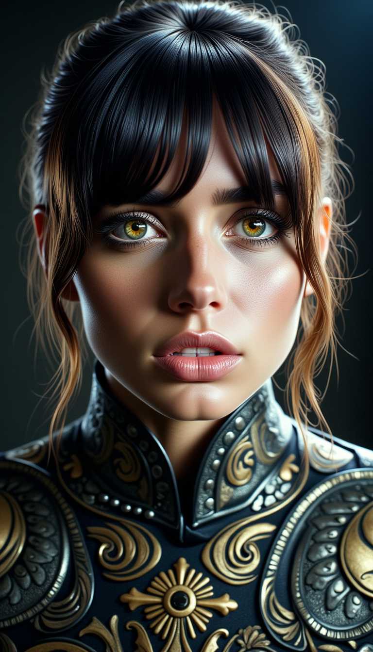 a photo of ANA$, eerie, A photograph of an warrior wearing intricate metal armor full of ornaments, taken in a studio with soft and natural lighting, in the style of Guy Aroch. She has bangs on her forehead and is wearing light makeup, with pink lips and eyes. The close-up captures details like eyelashes and eyebrows, creating a cinematic atmosphere.