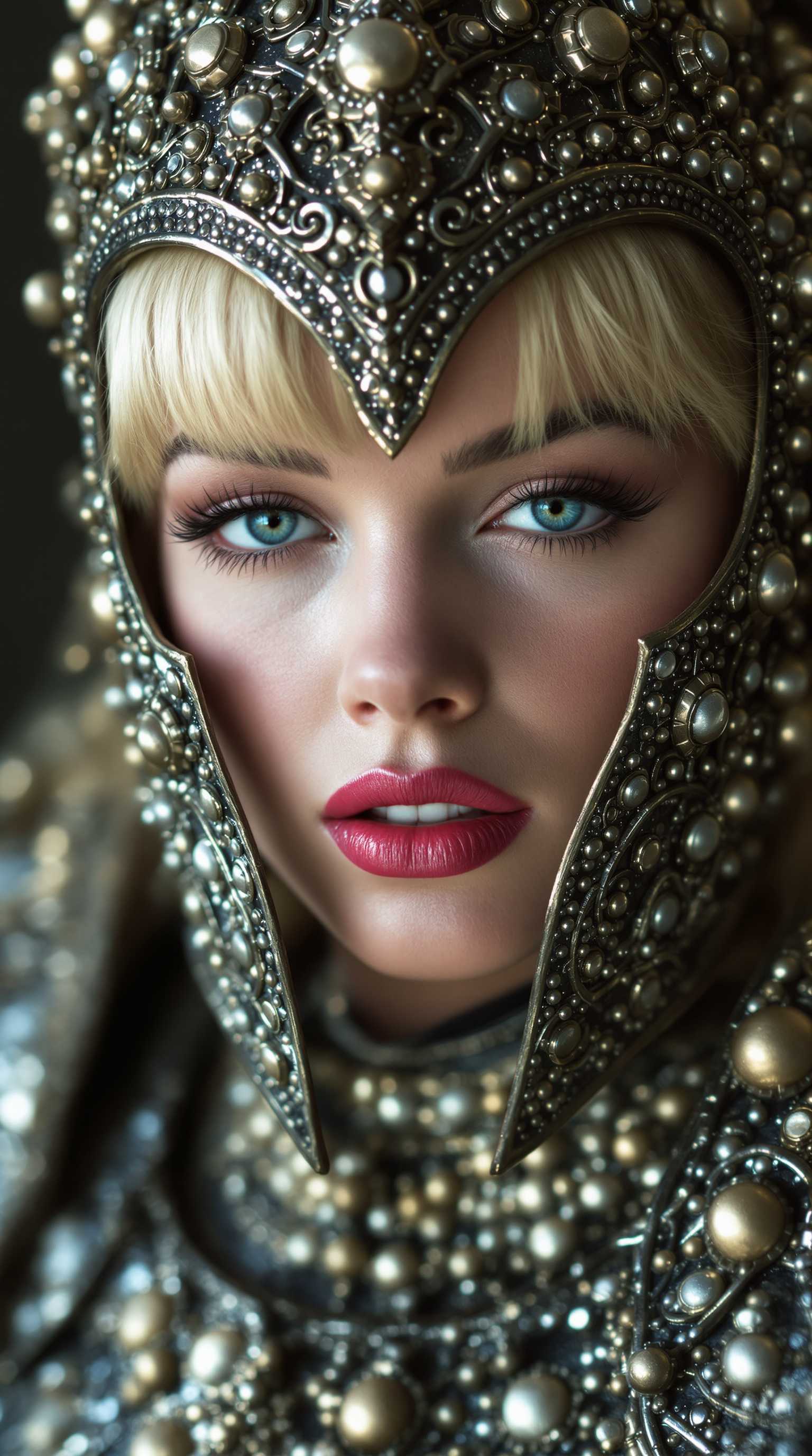 a photo of Marilyn Monroe, as an warrior wearing intricate metal armor full of ornaments, taken in a studio with soft and natural lighting, in the style of Guy Aroch. She has bangs on her forehead and is wearing light makeup, with pink lips and eyes. The close-up captures details like eyelashes and eyebrows, creating a cinematic atmosphere.