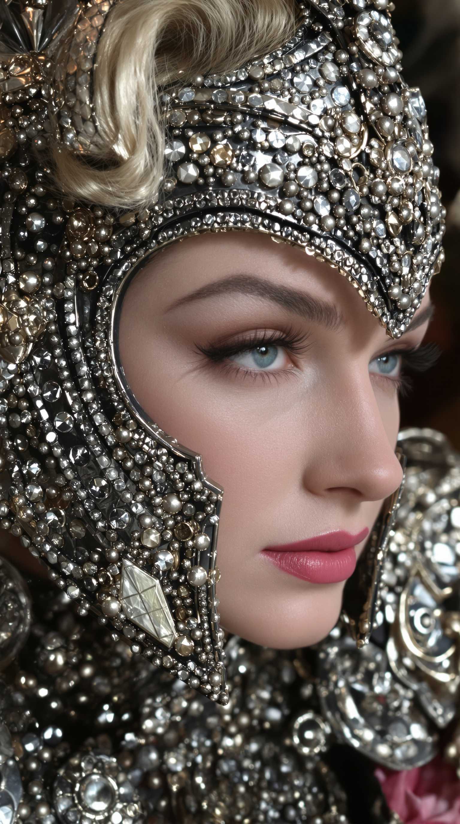 a photo of Marilyn Monroe, as an warrior wearing intricate metal armor full of ornaments, taken in a studio with soft and natural lighting, in the style of Guy Aroch.Half body shot. She  is wearing light makeup, with pink lips and eyes. The close-up captures details like eyelashes and eyebrows, creating a cinematic atmosphere.