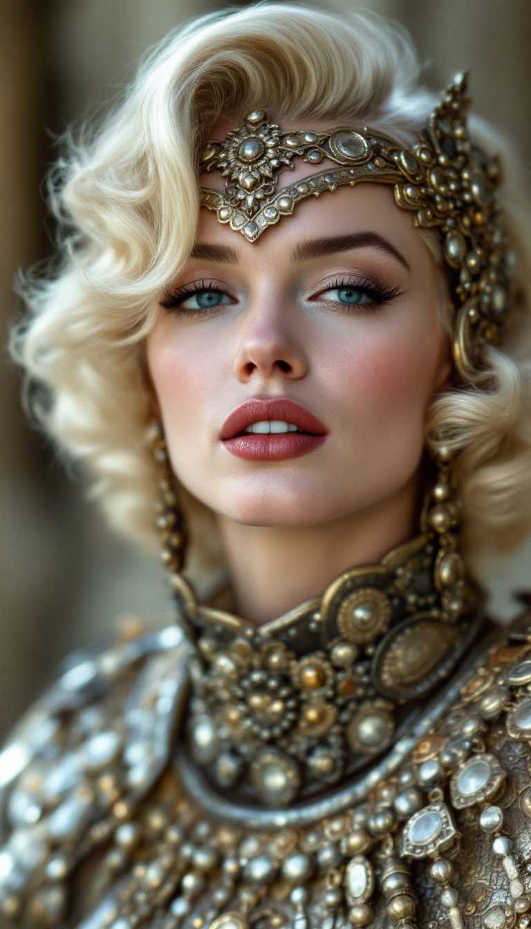 a photo of Marilyn Monroe, as an warrior wearing intricate metal armor full of ornaments, taken in a studio with soft and natural lighting, in the style of Guy Aroch.Half body shot. She  is wearing light makeup, with pink lips and eyes. The close-up captures details like eyelashes and eyebrows, creating a cinematic atmosphere.