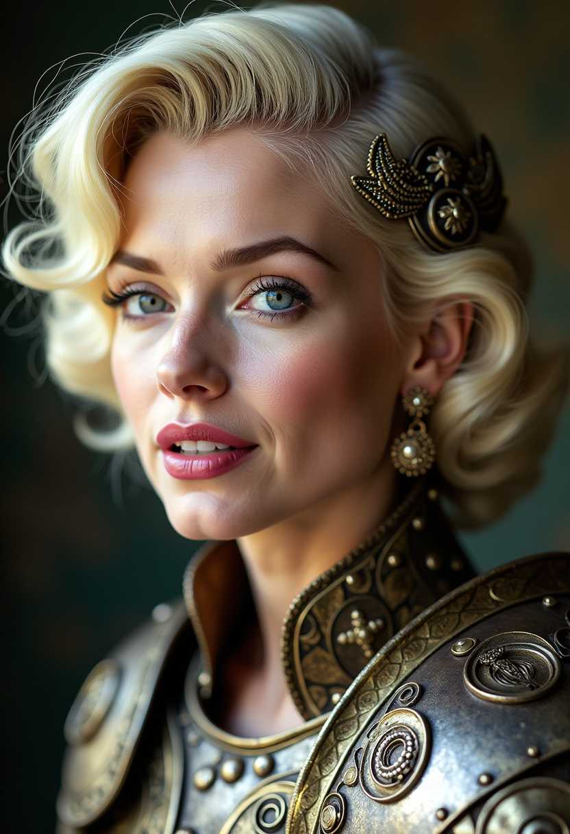 a photo of Marilyn Monroe, as an warrior wearing intricate metal armor full of ornaments, taken in a studio with soft and natural lighting, in the style of Guy Aroch.Half body shot. She  is wearing light makeup, with pink lips and eyes. The close-up captures details like eyelashes and eyebrows, creating a cinematic atmosphere.