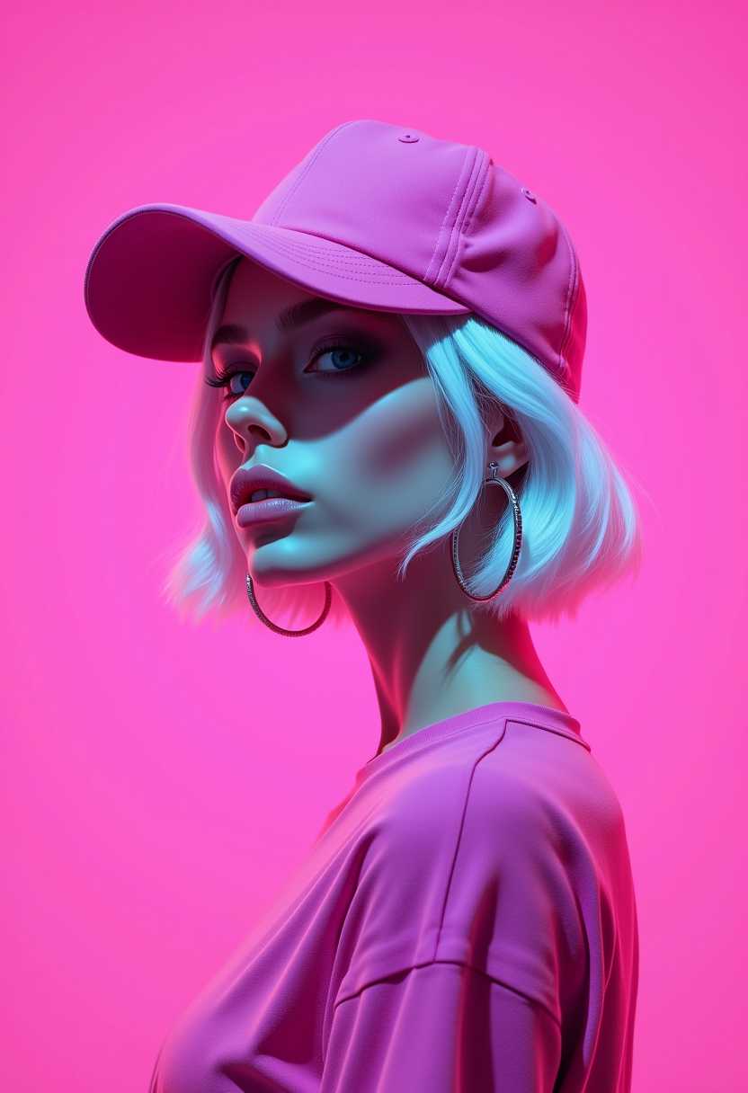 eerie,  a woman with short white hair, rough digital brush strokes, wearing large hoop earrings and a baseball cap.overexposed,  bright on deep pink background. She is dressed in pink shirt. Speed painting low poly sketch. The background color is a flat, pure Klein Blue, with a minimalist, clean, and bright lighting style. This is a simplistic sketch, sharply focused portrait sketch with cinematic studio lighting, resulting in a masterpiece of the highest quality.