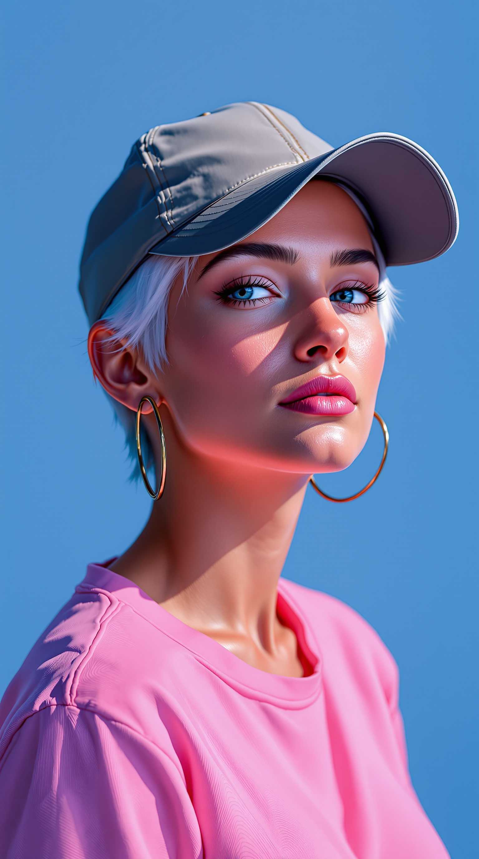 a photo of Ana de Armas, A woman with short white hair, rough digital brush strokes, wearing large hoop earrings and a baseball cap.overexposed,  bright on deep pink background. She is dressed in pink shirt. Speed painting low poly sketch. The background color is a flat, pure Klein Blue, with a minimalist, clean, and bright lighting style. This is a simplistic sketch, sharply focused portrait sketch with cinematic studio lighting, resulting in a masterpiece of the highest quality.