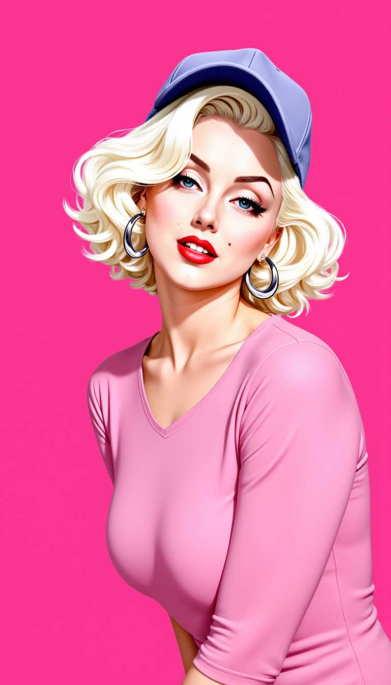 a photo of Marilyn Monroe,  A woman with short white hair, rough digital brush strokes, wearing large hoop earrings and a baseball cap.overexposed,  bright on deep pink background. She is dressed in pink shirt. Speed painting low poly sketch. The background color is a flat, pure Klein Blue, with a minimalist, clean, and bright lighting style. This is a simplistic sketch, sharply focused portrait sketch with cinematic studio lighting, resulting in a masterpiece of the highest quality.