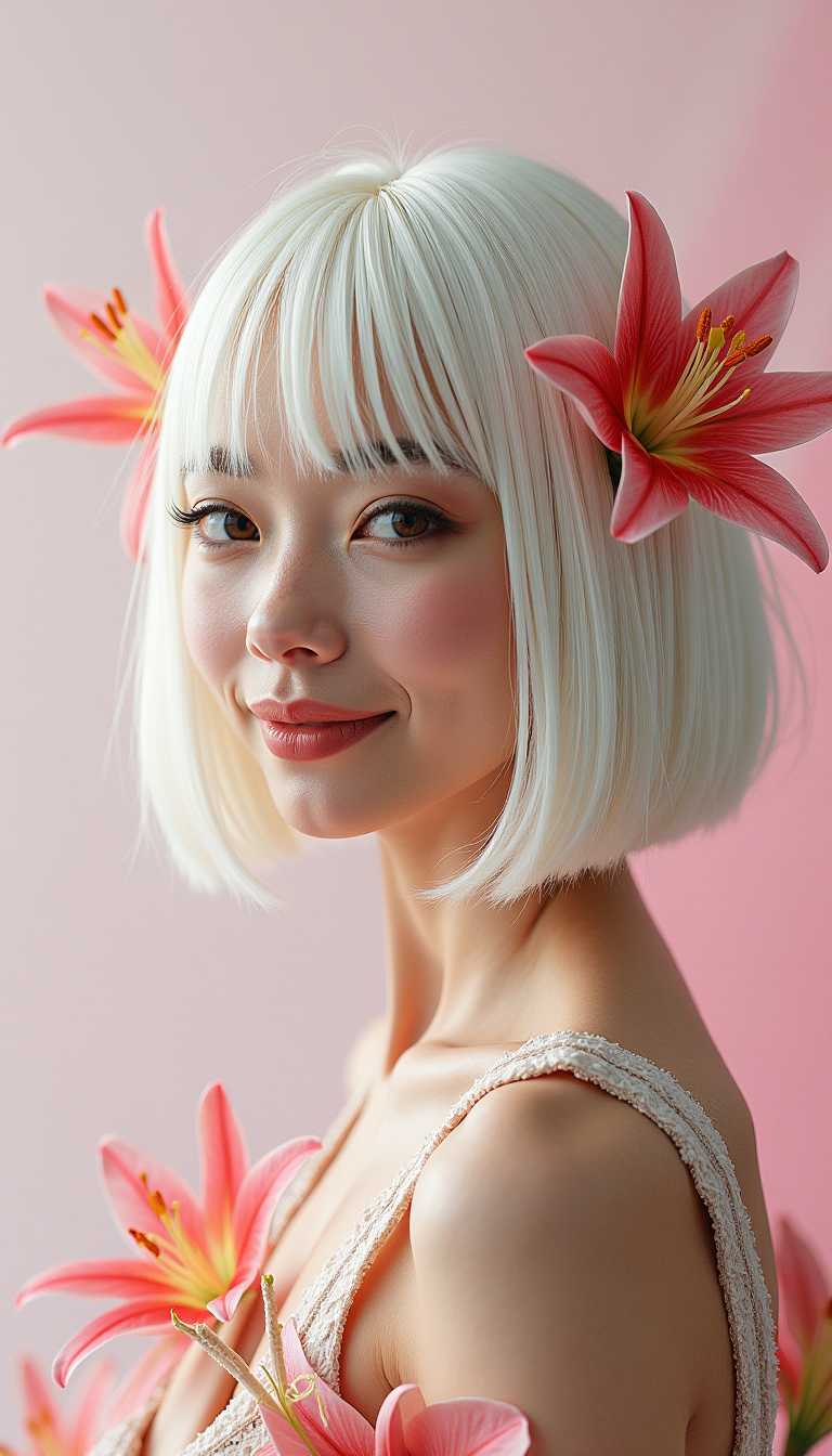 (Frontal shot) epic action scene, (hyper realistic), (RAW photo), (photorealistic), (masterpiece), (intricate details), (best quality), (ultra highres), Centered, side-view depiction of a aesthetic, happy playful female human flower hybrid, epic action scene, rendered in hyper-realistic, photorealistic style with intricate details, showcasing exceptional quality in ultra-high resolution. Her skin is a fusion of crinum litifoium flowers, white Lily in bloom face and a white, dirty, bob-cut white weave. she looks at the viewer with a gentle smile, in a crinum litifoium dress. Set against a vibrant white and pink background, while colorful flilies bloom around her neck and arms, adding a burst of vibrancy to the white plain background. The overall mood is demure, with a focus on showcasing the her dress, white Lily floral.