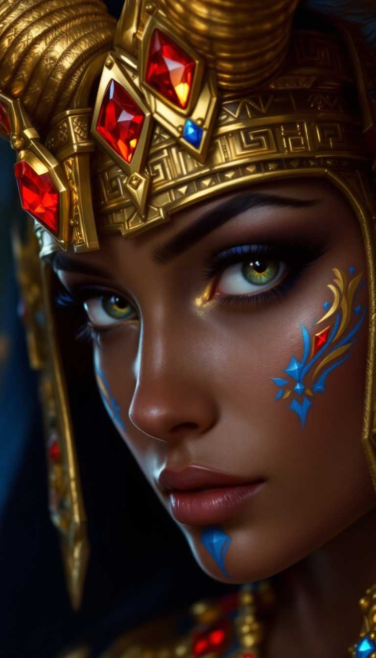 This image is a closeup portrait of a figure that appears to be a fantasy character, possibly from a video game or a book cover illustration. The art style is highly detailed and realistic, with a focus on textures and lighting that give the image a threedimensional quality.The medium seems to be digital painting, as evidenced by the smooth blending of colors and the lack of brush strokes. The colors are rich and vibrant, with a predominance of blues, golds, and reds. The characters skin is a deep, rich brown, and the golden tones of the jewelry and accessories stand out against the cool blues and blacks of the background.The figure is adorned with an elaborate golden headpiece that features horns curving upwards, reminiscent of a ram or a goat. The headpiece is intricately designed with geometric shapes and patterns, and it is accented with three red gemstones that are set in a triangular arrangement. The gemstones are faceted, catching the light and reflecting the surrounding colors.The characters face is painted with blue and gold designs that seem to be inspired by ancient Egyptian or Aztec art. The blue paint is applied in swirling patterns around the eyes, and the gold paint outlines the eyes and eyebrows, giving the character a fierce and powerful expression. The eyes themselves are a piercing yellow, and they are detailed with long, thick lashes and a hint of red at the inner corners, which adds to the intensity of the gaze.The figure is also wearing large hoop earrings that match the golden tones of the headpiece. The earrings are adorned with small, round, faceted stones that catch the light, adding to the opulence of the overall look.The background is dark and moody, with a gradient of blues and blacks that fade into darkness. This serves to highlight the figure and the jewelry, making them the focal point of the image.Overall, the image exudes a sense of power, mystery, and ancient magic, with a strong emphasis on the characters piercing gaze and the opulence of the jewelry and accessories.