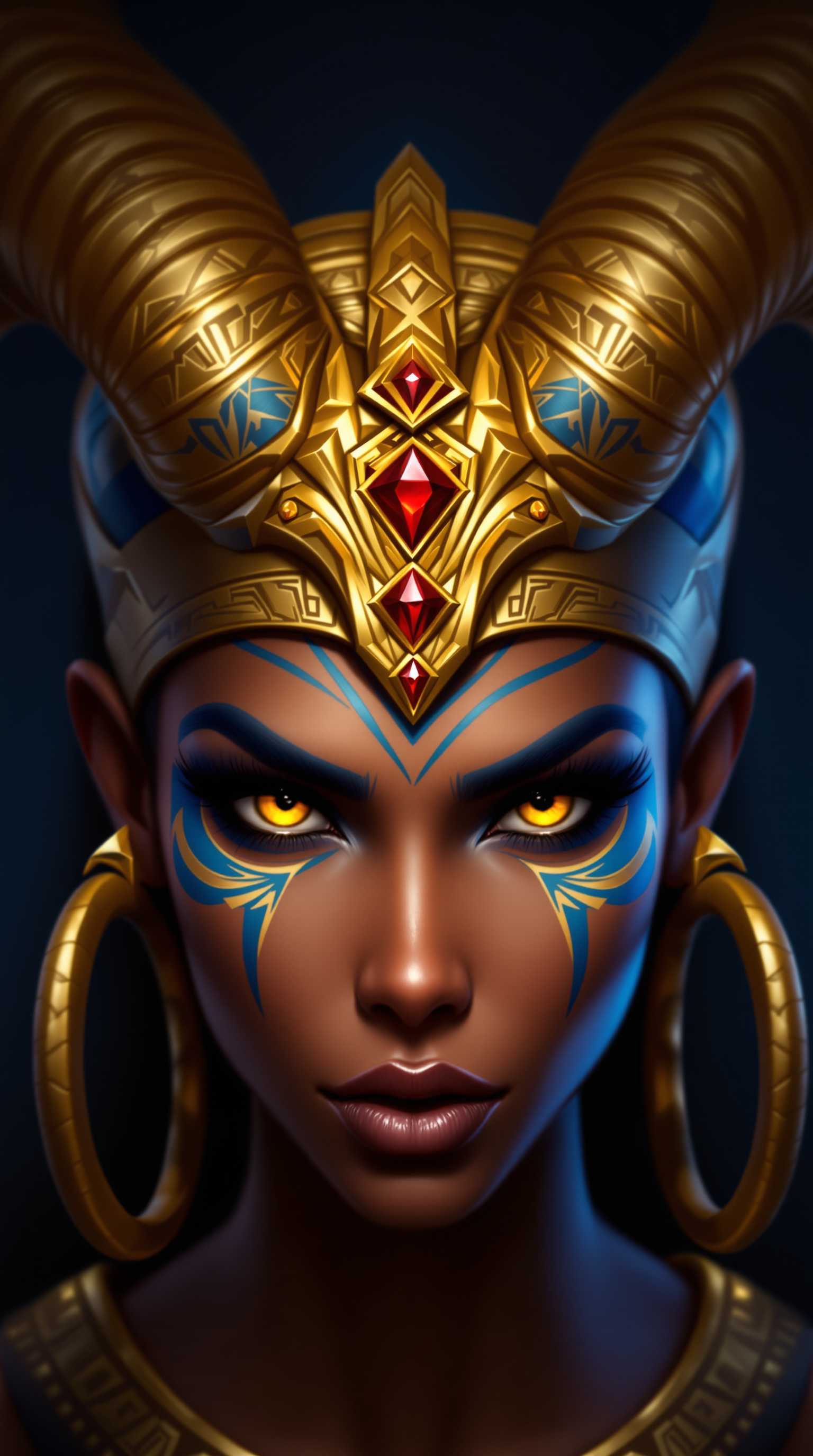 This image is a closeup portrait of a figure that appears to be a fantasy character, possibly from a video game or a book cover illustration. The art style is highly detailed and realistic, with a focus on textures and lighting that give the image a threedimensional quality.The medium seems to be digital painting, as evidenced by the smooth blending of colors and the lack of brush strokes. The colors are rich and vibrant, with a predominance of blues, golds, and reds. The characters skin is a deep, rich brown, and the golden tones of the jewelry and accessories stand out against the cool blues and blacks of the background.The figure is adorned with an elaborate golden headpiece that features horns curving upwards, reminiscent of a ram or a goat. The headpiece is intricately designed with geometric shapes and patterns, and it is accented with three red gemstones that are set in a triangular arrangement. The gemstones are faceted, catching the light and reflecting the surrounding colors.The characters face is painted with blue and gold designs that seem to be inspired by ancient Egyptian or Aztec art. The blue paint is applied in swirling patterns around the eyes, and the gold paint outlines the eyes and eyebrows, giving the character a fierce and powerful expression. The eyes themselves are a piercing yellow, and they are detailed with long, thick lashes and a hint of red at the inner corners, which adds to the intensity of the gaze.The figure is also wearing large hoop earrings that match the golden tones of the headpiece. The earrings are adorned with small, round, faceted stones that catch the light, adding to the opulence of the overall look.The background is dark and moody, with a gradient of blues and blacks that fade into darkness. This serves to highlight the figure and the jewelry, making them the focal point of the image.Overall, the image exudes a sense of power, mystery, and ancient magic, with a strong emphasis on the characters piercing gaze and the opulence of the jewelry and accessories.