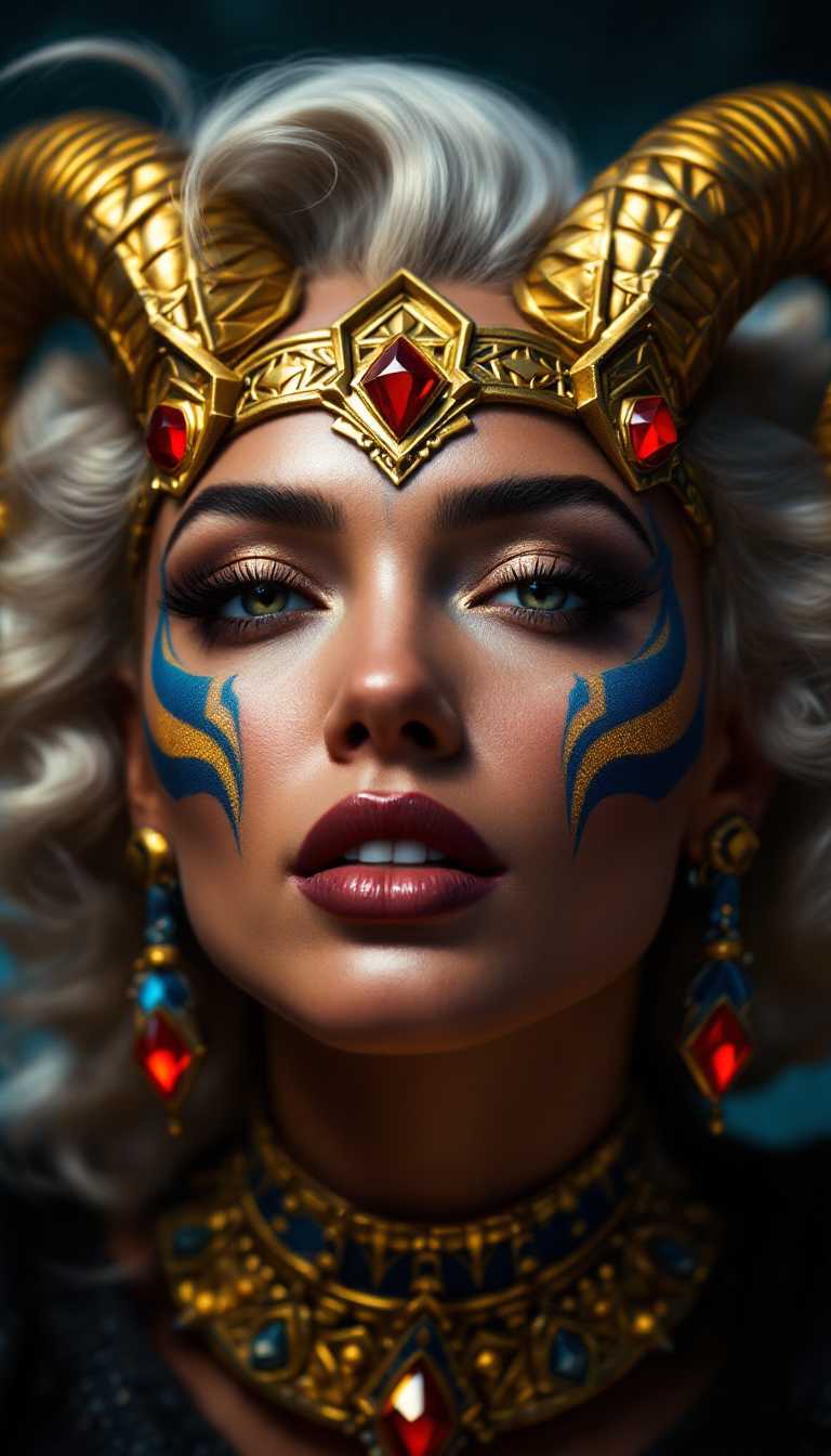 a photo of Marilyn Monroe, This image is a closeup portrait of a figure that appears to be a fantasy character, possibly from a video game or a book cover illustration. The art style is highly detailed and realistic, with a focus on textures and lighting that give the image a threedimensional quality.The medium seems to be digital painting, as evidenced by the smooth blending of colors and the lack of brush strokes. The colors are rich and vibrant, with a predominance of blues, golds, and reds. The characters skin is a deep, rich brown, and the golden tones of the jewelry and accessories stand out against the cool blues and blacks of the background.The figure is adorned with an elaborate golden headpiece that features horns curving upwards, reminiscent of a ram or a goat. The headpiece is intricately designed with geometric shapes and patterns, and it is accented with three red gemstones that are set in a triangular arrangement. The gemstones are faceted, catching the light and reflecting the surrounding colors.The characters face is painted with blue and gold designs that seem to be inspired by ancient Egyptian or Aztec art. The blue paint is applied in swirling patterns around the eyes, and the gold paint outlines the eyes and eyebrows, giving the character a fierce and powerful expression. The eyes themselves are a piercing yellow, and they are detailed with long, thick lashes and a hint of red at the inner corners, which adds to the intensity of the gaze.The figure is also wearing large hoop earrings that match the golden tones of the headpiece. The earrings are adorned with small, round, faceted stones that catch the light, adding to the opulence of the overall look.The background is dark and moody, with a gradient of blues and blacks that fade into darkness. This serves to highlight the figure and the jewelry, making them the focal point of the image.Overall, the image exudes a sense of power, mystery, and ancient magic, with a strong emphasis on the characters piercing gaze and the opulence of the jewelry and accessories.