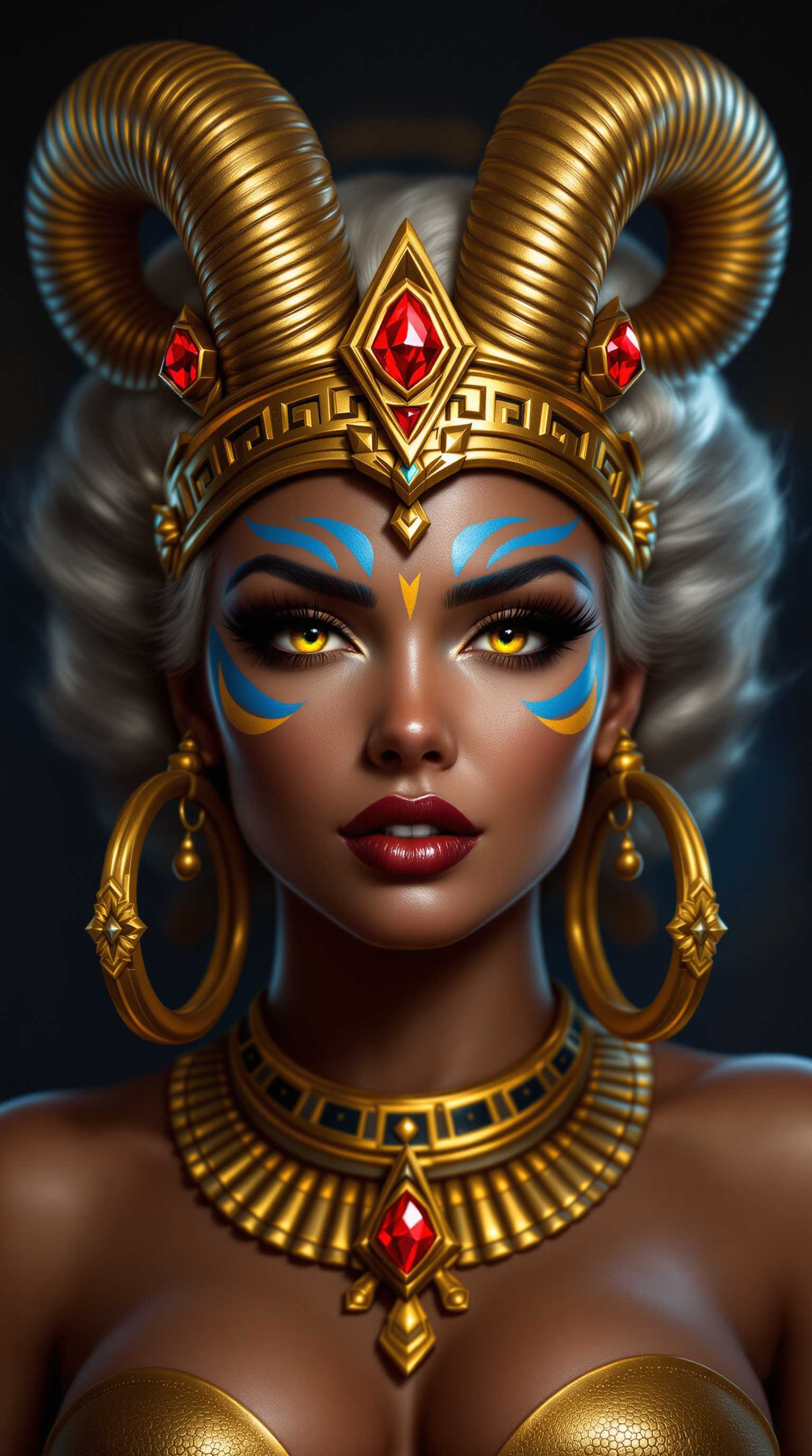 a photo of Marilyn Monroe, This image is a closeup portrait of a figure that appears to be a fantasy character, possibly from a video game or a book cover illustration. The art style is highly detailed and realistic, with a focus on textures and lighting that give the image a threedimensional quality.The medium seems to be digital painting, as evidenced by the smooth blending of colors and the lack of brush strokes. The colors are rich and vibrant, with a predominance of blues, golds, and reds. The characters skin is a deep, rich brown, and the golden tones of the jewelry and accessories stand out against the cool blues and blacks of the background.The figure is adorned with an elaborate golden headpiece that features horns curving upwards, reminiscent of a ram or a goat. The headpiece is intricately designed with geometric shapes and patterns, and it is accented with three red gemstones that are set in a triangular arrangement. The gemstones are faceted, catching the light and reflecting the surrounding colors.The characters face is painted with blue and gold designs that seem to be inspired by ancient Egyptian or Aztec art. The blue paint is applied in swirling patterns around the eyes, and the gold paint outlines the eyes and eyebrows, giving the character a fierce and powerful expression. The eyes themselves are a piercing yellow, and they are detailed with long, thick lashes and a hint of red at the inner corners, which adds to the intensity of the gaze.The figure is also wearing large hoop earrings that match the golden tones of the headpiece. The earrings are adorned with small, round, faceted stones that catch the light, adding to the opulence of the overall look.The background is dark and moody, with a gradient of blues and blacks that fade into darkness. This serves to highlight the figure and the jewelry, making them the focal point of the image.Overall, the image exudes a sense of power, mystery, and ancient magic, with a strong emphasis on the characters piercing gaze and the opulence of the jewelry and accessories.