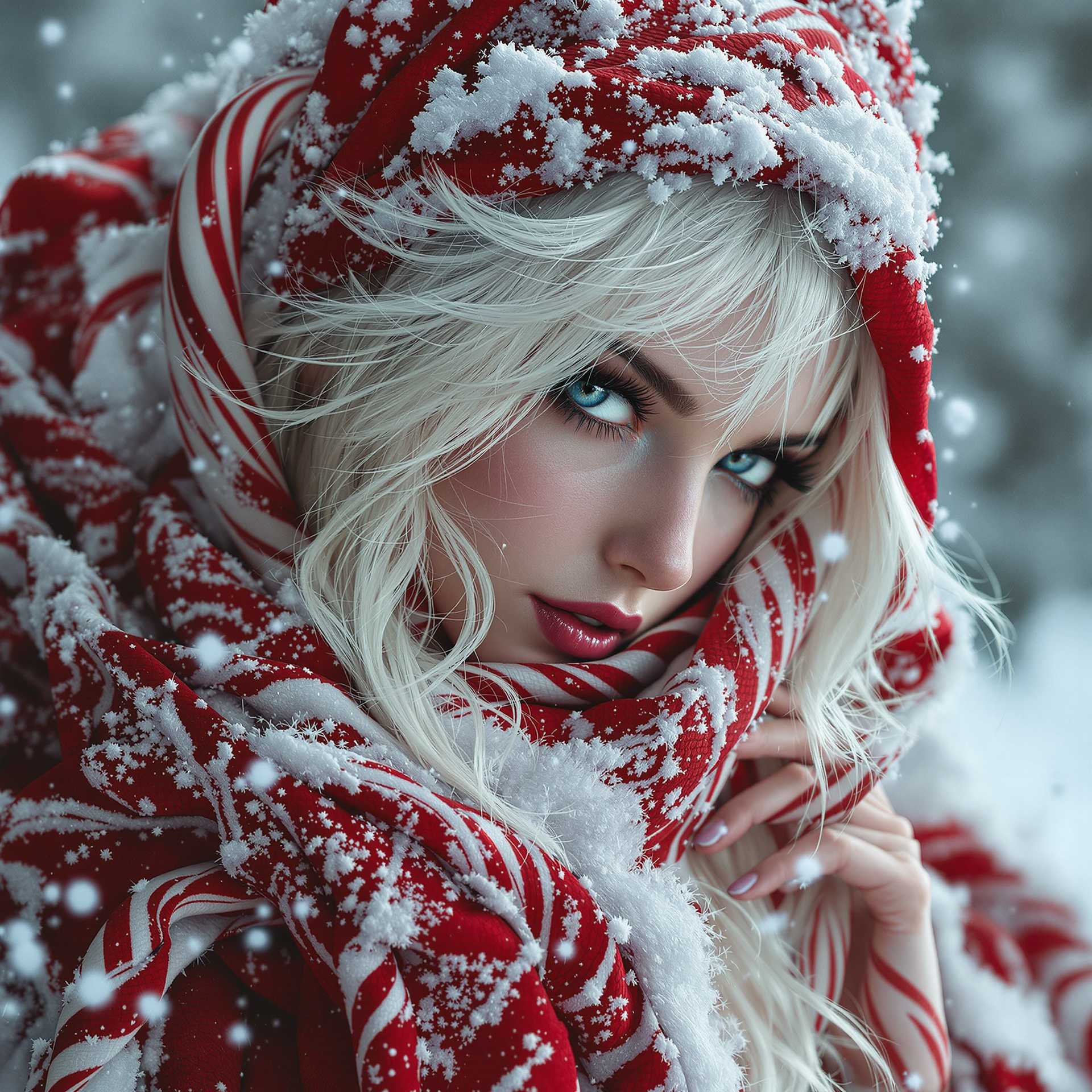 Winter candy cane fairy with white hair,  wrapped in a Christmas theme, Greg Rutkowski style, trending on  ArtStation, studio photo aesthetic, sharp focus, intricate details,  highly detailed, by Greg Rutkowski, trending on ArtStation, studio photo  aesthetic, sharp focus, intricate details.