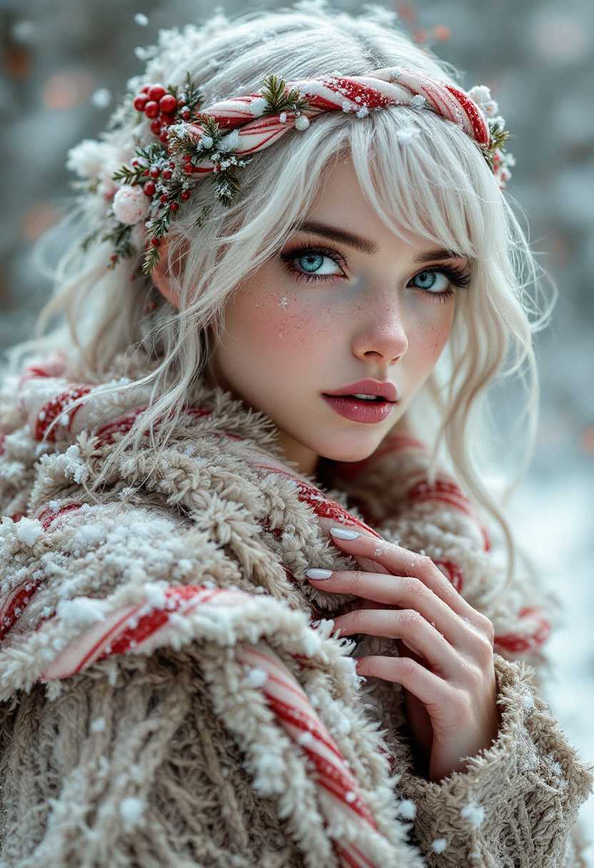 Winter candy cane fairy with white hair,  wrapped in a Christmas theme, Greg Rutkowski style, trending on  ArtStation, studio photo aesthetic, sharp focus, intricate details,  highly detailed, by Greg Rutkowski, trending on ArtStation, studio photo  aesthetic, sharp focus, intricate details.