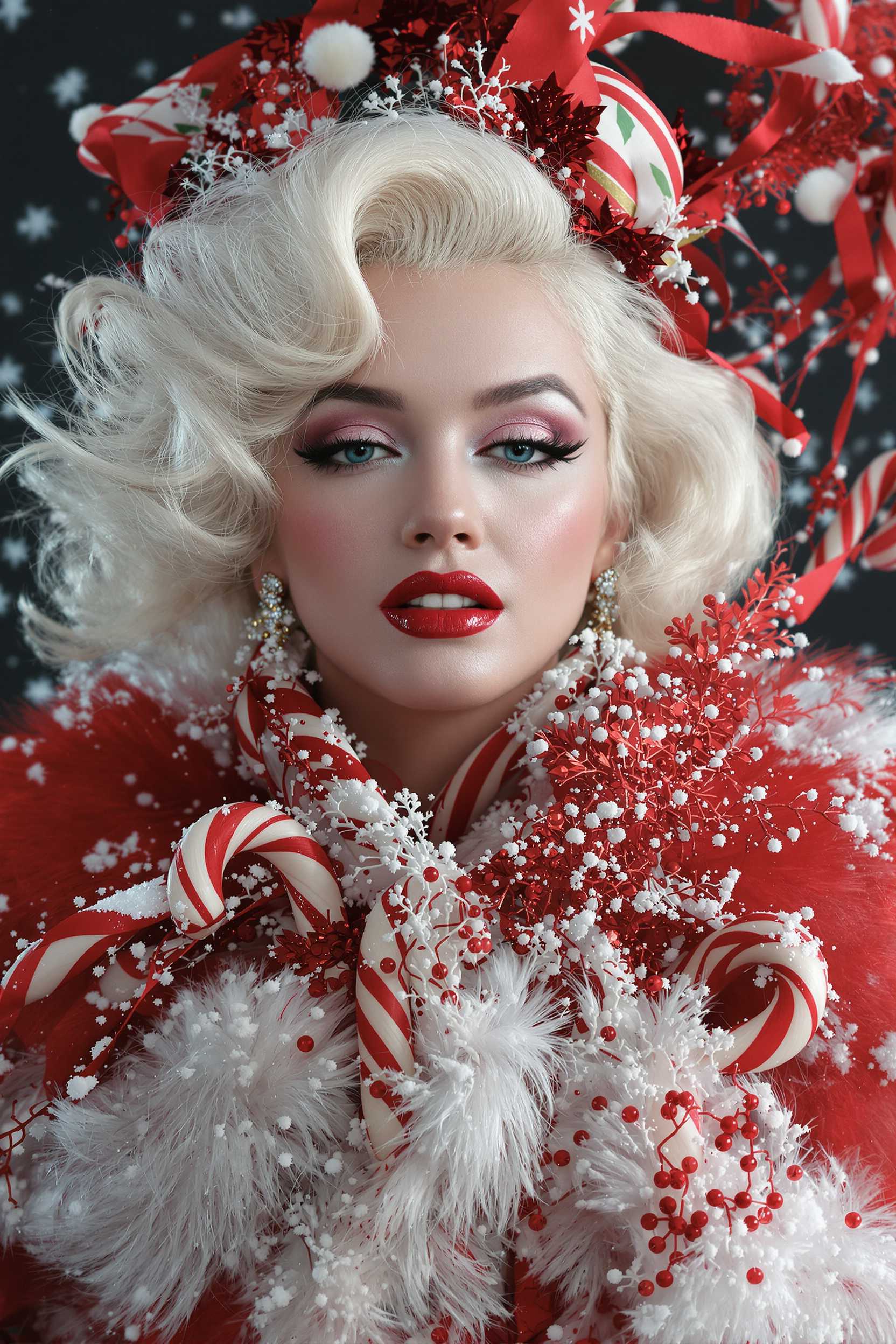 a photo of Marilyn Monroe, Winter candy cane fairy with white hair,  wrapped in a Christmas theme, Greg Rutkowski style, trending on  ArtStation, studio photo aesthetic, sharp focus, intricate details,  highly detailed, by Greg Rutkowski, trending on ArtStation, studio photo  aesthetic, sharp focus, intricate details.