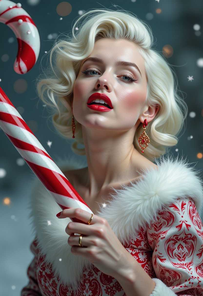 a photo of Marilyn Monroe, Winter candy cane fairy with white hair,  wrapped in a Christmas theme, Greg Rutkowski style, trending on  ArtStation, studio photo aesthetic, sharp focus, intricate details,  highly detailed, by Greg Rutkowski, trending on ArtStation, studio photo  aesthetic, sharp focus, intricate details.