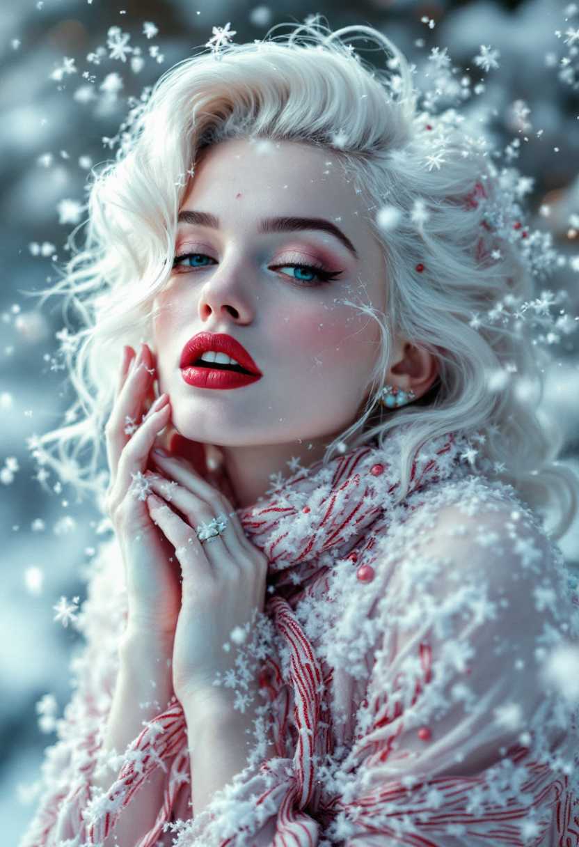 a photo of Marilyn Monroe, Winter candy cane fairy with white hair,  wrapped in a Christmas theme, Greg Rutkowski style, trending on  ArtStation, studio photo aesthetic, sharp focus, intricate details,  highly detailed, by Greg Rutkowski, trending on ArtStation, studio photo  aesthetic, sharp focus, intricate details.