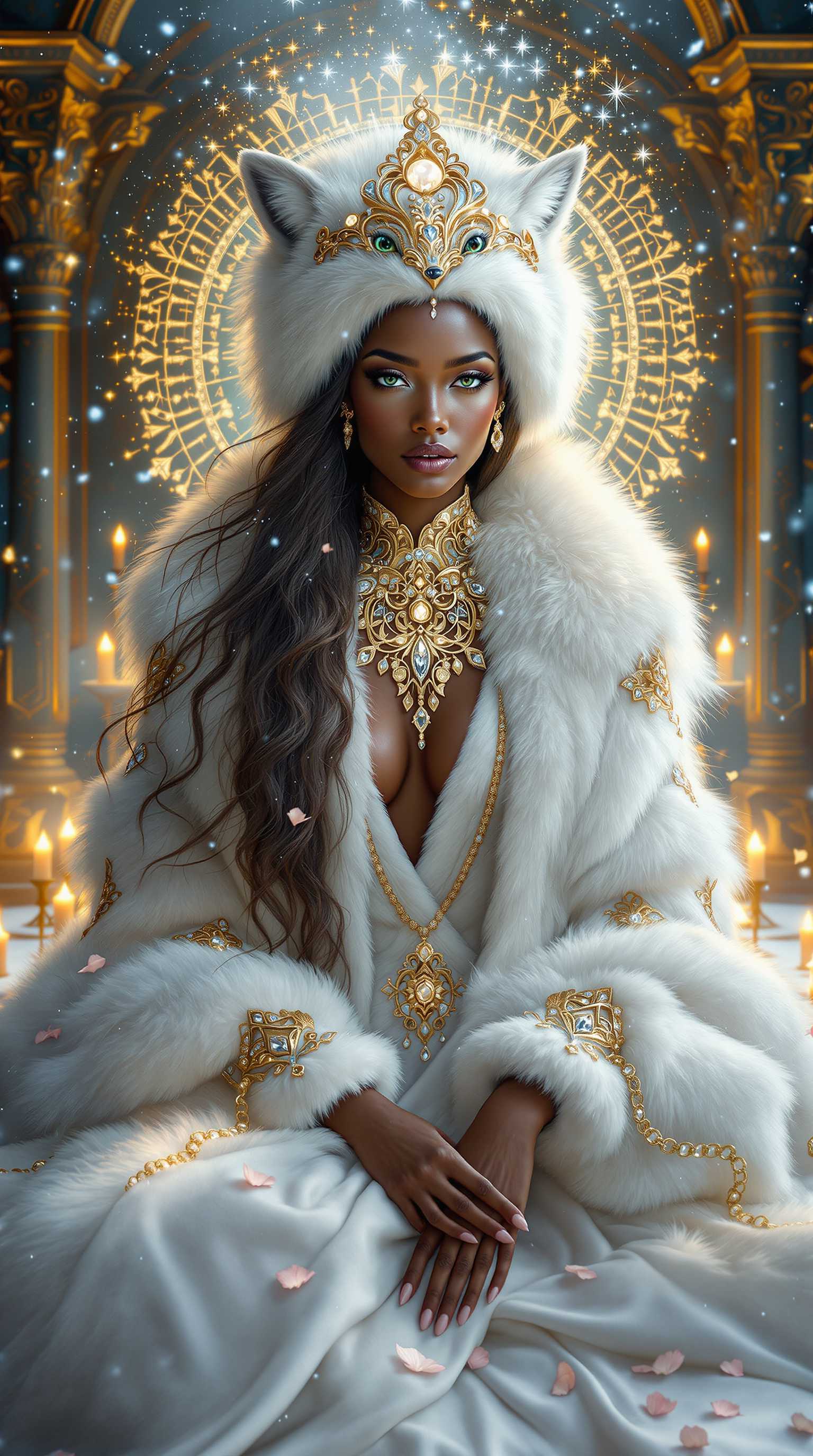 "An ultra-realistic and hyper-detailed portrayal of an ethereal and sophisticated African woman in a transcendental meditative state, seamlessly blending elegance, mysticism, and winter opulence. The central figure exudes divine beauty, with flawless skin and piercing green eyes that capture a tranquil yet intense aura, radiating wisdom and mysticism. Her long, chestnut hair cascades in soft waves, subtly illuminated by golden and icy light that dances across her figure.
She is adorned with a luxurious white fur robe that appears to transform seamlessly into a living cascade of arctic foxes. The foxes' fluttering fur and elegant tails form an enchanting collar and train, intertwining with the woman in a breathtaking blend of nature and artistry. On her head rests a magnificent hat, combining intricate African motifs in rich white fur and gold embroidery, symbolizing cultural heritage and regal elegance.
Her outfit features a sheer white flowing robe with intricate celestial golden embroidery, plunging to reveal her natural form with tasteful allure. Cascading diamond accessories shimmer like falling snow, echoing the sparkling ice crystals in the background. The dramatic lighting highlights every detail, creating a golden hour effect that enhances the depth and texture of her form, fur, and fabric.
The setting is a masterpiece of winter mysticism: an opulent temple adorned with swirling snow patterns inspired by African geometric designs. Flickering candles, delicate rose petals, and curling wisps of incense smoke add a sacred ambiance, while the icy blue and rich gold hues of the environment create a harmonious blend of warmth and cold. The snow-covered landscape, infused with magic, seems to be under her control, with swirling snowflakes and shimmering ice forming a mesmerizing aura around her.
The composition combines the divine artistry of Gustav Klimt, the cinematic elegance of Paolo Roversi, and the hyper-realistic detail of fine fashion photography. Every element, from the luxurious textures to the interplay of light and shadow, evokes serenity, beauty, and the enigmatic power of a winter goddess." Created by Sasan 