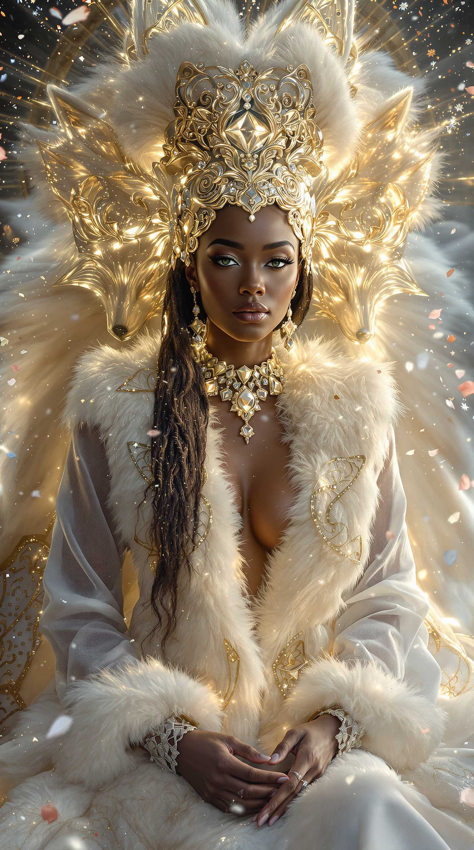 "An ultra-realistic and hyper-detailed portrayal of an ethereal and sophisticated African woman in a transcendental meditative state, seamlessly blending elegance, mysticism, and winter opulence. The central figure exudes divine beauty, with flawless skin and piercing green eyes that capture a tranquil yet intense aura, radiating wisdom and mysticism. Her long, chestnut hair cascades in soft waves, subtly illuminated by golden and icy light that dances across her figure.
She is adorned with a luxurious white fur robe that appears to transform seamlessly into a living cascade of arctic foxes. The foxes' fluttering fur and elegant tails form an enchanting collar and train, intertwining with the woman in a breathtaking blend of nature and artistry. On her head rests a magnificent hat, combining intricate African motifs in rich white fur and gold embroidery, symbolizing cultural heritage and regal elegance.
Her outfit features a sheer white flowing robe with intricate celestial golden embroidery, plunging to reveal her natural form with tasteful allure. Cascading diamond accessories shimmer like falling snow, echoing the sparkling ice crystals in the background. The dramatic lighting highlights every detail, creating a golden hour effect that enhances the depth and texture of her form, fur, and fabric.
The setting is a masterpiece of winter mysticism: an opulent temple adorned with swirling snow patterns inspired by African geometric designs. Flickering candles, delicate rose petals, and curling wisps of incense smoke add a sacred ambiance, while the icy blue and rich gold hues of the environment create a harmonious blend of warmth and cold. The snow-covered landscape, infused with magic, seems to be under her control, with swirling snowflakes and shimmering ice forming a mesmerizing aura around her.
The composition combines the divine artistry of Gustav Klimt, the cinematic elegance of Paolo Roversi, and the hyper-realistic detail of fine fashion photography. Every element, from the luxurious textures to the interplay of light and shadow, evokes serenity, beauty, and the enigmatic power of a winter goddess." Created by Sasan 