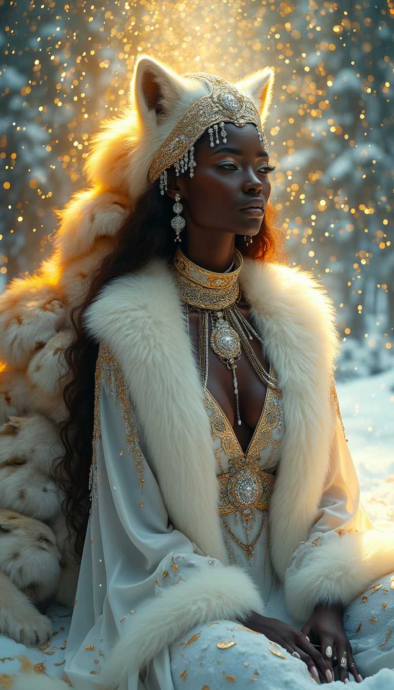 "An ultra-realistic and hyper-detailed portrayal of an ethereal and sophisticated African woman in a transcendental meditative state, seamlessly blending elegance, mysticism, and winter opulence. The central figure exudes divine beauty, with flawless skin and piercing green eyes that capture a tranquil yet intense aura, radiating wisdom and mysticism. Her long, chestnut hair cascades in soft waves, subtly illuminated by golden and icy light that dances across her figure.
She is adorned with a luxurious white fur robe that appears to transform seamlessly into a living cascade of arctic foxes. The foxes' fluttering fur and elegant tails form an enchanting collar and train, intertwining with the woman in a breathtaking blend of nature and artistry. On her head rests a magnificent hat, combining intricate African motifs in rich white fur and gold embroidery, symbolizing cultural heritage and regal elegance.
Her outfit features a sheer white flowing robe with intricate celestial golden embroidery, plunging to reveal her natural form with tasteful allure. Cascading diamond accessories shimmer like falling snow, echoing the sparkling ice crystals in the background. The dramatic lighting highlights every detail, creating a golden hour effect that enhances the depth and texture of her form, fur, and fabric.
The setting is a masterpiece of winter mysticism: an opulent temple adorned with swirling snow patterns inspired by African geometric designs. Flickering candles, delicate rose petals, and curling wisps of incense smoke add a sacred ambiance, while the icy blue and rich gold hues of the environment create a harmonious blend of warmth and cold. The snow-covered landscape, infused with magic, seems to be under her control, with swirling snowflakes and shimmering ice forming a mesmerizing aura around her.
The composition combines the divine artistry of Gustav Klimt, the cinematic elegance of Paolo Roversi, and the hyper-realistic detail of fine fashion photography. Every element, from the luxurious textures to the interplay of light and shadow, evokes serenity, beauty, and the enigmatic power of a winter goddess." Created by Sasan 