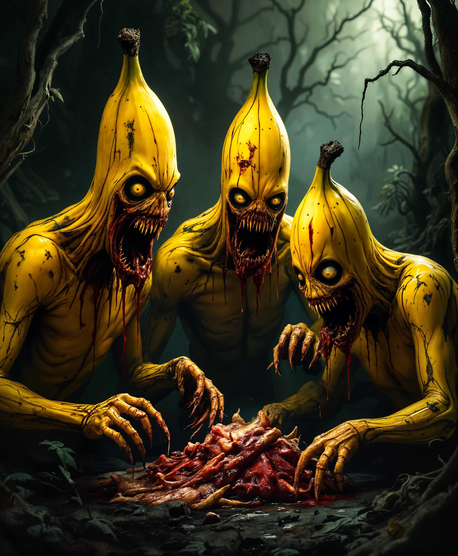 masterpiece, best quality, highres, sharp image, more detail, masterpiece, best quality, highres, sharp image, more detail, A surreal and grotesque scene depicting a group of anthropomorphic bananas, their skins mottled with dark spots and oozing a sickly sweet liquid, in a dimly lit, decaying jungle setting. Their faces, twisted in hunger and madness, are a nightmarish blend of human and banana features, eyes wide and mouths gaping, revealing jagged, human-like teeth. The bananas are actively feasting on raw, bloody flesh, their hands and lower bodies still resembling bananas, but with hints of sinewy muscle and bone visible beneath the peeling skin. The lighting is harsh and dramatic, with stark contrasts between deep shadows and the bright, almost glowing yellows and browns of the banana people, creating a chiaroscuro effect. The background hints at a once lush rainforest now turned into a scene of horror, with twisted, leafless trees, and a heavy, oppressive atmosphere, reminiscent of a storm brewing or the aftermath of a natural disaster. The style should evoke the unsettling, visceral horror of H.R. Giger's biomechanical art mixed with the grotesque exaggeration of Hieronymus Bosch's paintings, emphasizing the surreal and the macabre.