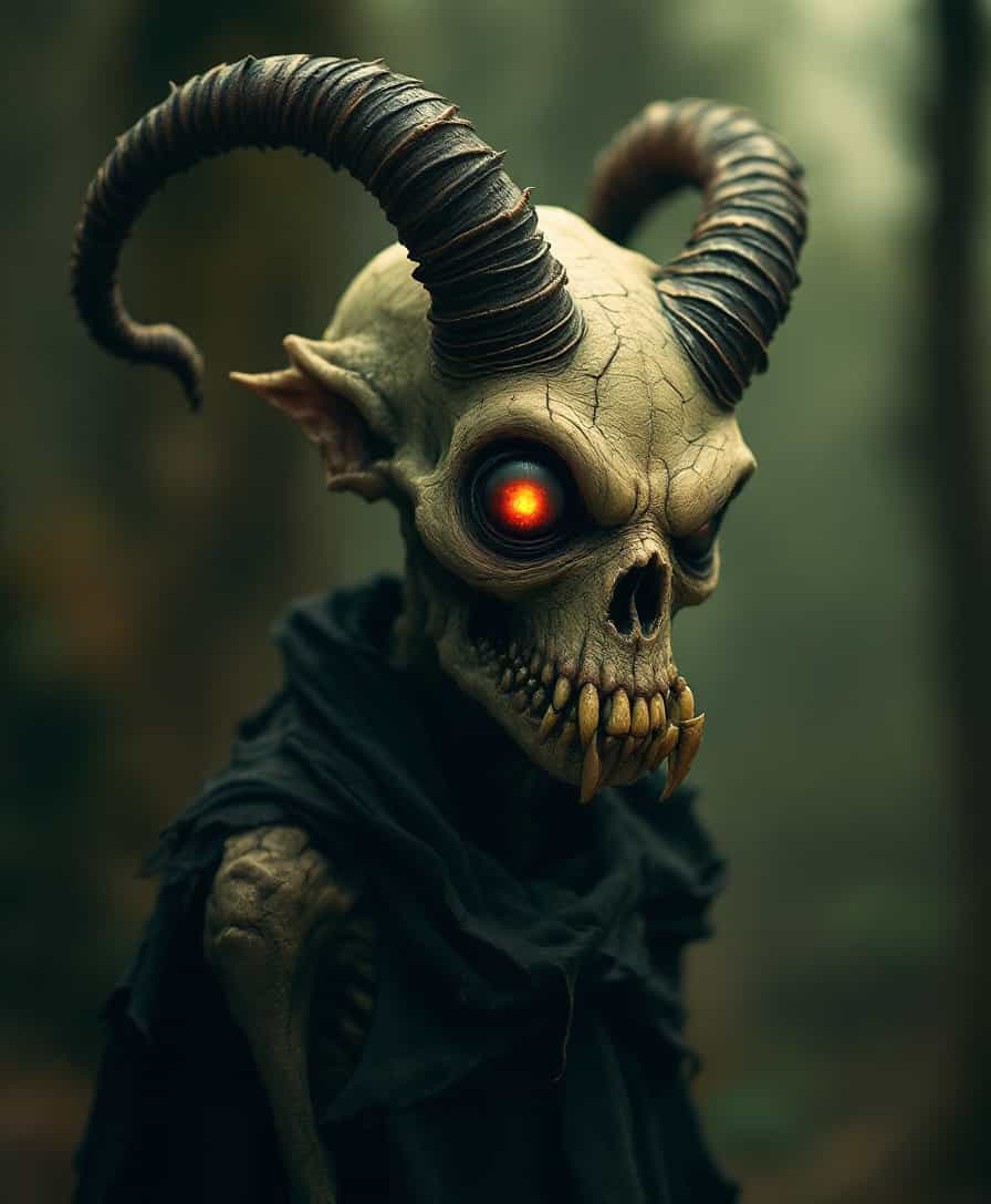 Create an image of a **Bugle Monster**, an ethereal creature from the depths of nightmares:

- **Visual Details**: 
  - Skin: Craggy, with a texture reminiscent of dried, cracked earth, tinged with an eerie greenish-yellow hue.
  - Face: Deformed with asymmetrical features; one eye larger than the other, an elongated jaw, and crooked, protruding teeth.
  - Horns: Twisted and gnarled, resembling the bugle's bell shape but with a nightmarish, organic twist.
  - Eyes: Glowing with a malevolent red light, casting a sinister glow.
  - Body: Skeletal frame wrapped in tattered, ghostly fabric or shadows.

- **Style**: 
  - Inspired by the grotesque elements of **Hieronymus Bosch** and the surrealism of **Salvador Dali**.
  - Incorporate elements of **horror photography**, with high contrast, shadow play, and selective focus to highlight the monster's menacing features.

- **Composition**: 
  - The monster looms in the foreground, its presence overwhelming the viewer.
  - Use a **low angle shot** to make the creature appear more imposing and terrifying.
  - The background is a foggy, dreamlike landscape, with hints of twisted trees or a haunted forest, blurring the lines between reality and nightmare.

- **Mood and Atmosphere**: 
  - An atmosphere of **dread and foreboding**, with dim, eerie lighting to cast long, distorted shadows.
  - The time is **midnight**, with the moon casting an unnatural light, contributing to the surreal, nightmare quality.

- **Technical Aspects**: 
  - **Bokeh** effect to isolate the monster from the background, emphasizing its otherworldliness.
  - Use **chromatic aberration** subtly to enhance the unsettling feeling of the scene.
  - Apply **digital noise** to mimic the graininess of old horror films, adding to the vintage yet timeless terror.

- **Cohesion**: 
  - All elements should coalesce to evoke the primal fear of being stalked by something that shouldn't exist, blending the familiar with the grotesquely unfamiliar.