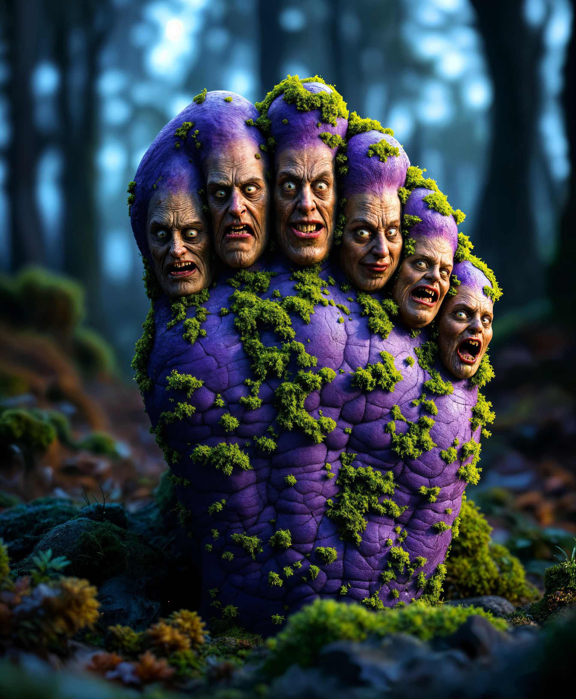 masterpiece, best quality, highres, sharp image, more detail, masterpiece, best quality, highres, sharp image, more detail, A surreal, large foot with **purple** skin, **covered in vibrant green fungus**, with **five distinct faces** on each toe, showcasing a mix of emotions from serene to grotesque. The **texture** of the skin should be **craggy and uneven**, emphasizing the **mossy, fungal growths** that seep through the crevices. **Lighting** is soft, casting **dramatic shadows** to highlight the depth of the fungus and the expressions on the faces. The **artistic style** should evoke **Surrealism**, with influences from **Hieronymus Bosch**, focusing on **intricate details** and a **fantastical, dreamlike quality**. The **composition** centers the foot in the frame, with a **low camera angle** to emphasize its enormity and the grotesque nature of the faces. The **mood** is **eerie yet captivating**, set in a **twilight atmosphere** where the **light** subtly illuminates the bizarre scene, enhancing the otherworldly ambiance.