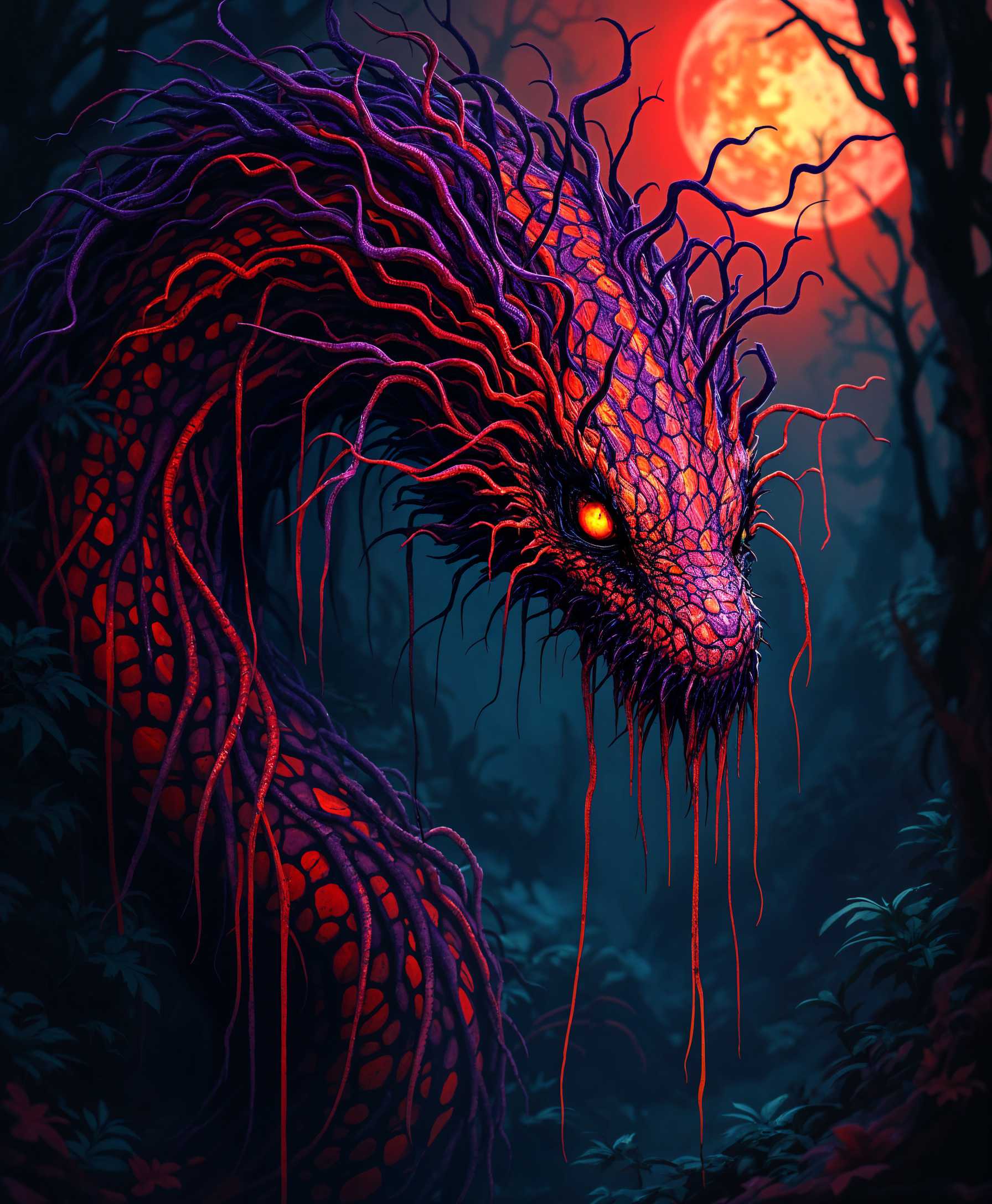 AI-generated image: **Prompt:**
Visualize a **terrifying one-eyed serpent** emerging from a **dark, foreboding forest**