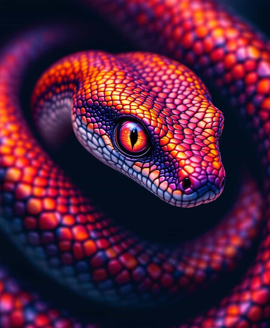 Create an image of a **one-eyed serpent** with a **dorky yet scary appearance**. The serpent should exhibit:

- **Visual Details**: 
  - **Texture**: Smooth scales with slight iridescence, transitioning between colors.
  - **Colors**: A vibrant mix of **red, orange, and purple**, with the red being dominant around the eye, creating a focal point.
  - **Lighting**: High contrast lighting to enhance the colors, making the serpent's eye glow eerily.

- **Style**: 
  - **Artistic Approach**: Inspired by **Pop Art**, with bold outlines and exaggerated features to emphasize the dorky aspect while maintaining a sense of fear.

- **Composition**: 
  - **Subject Positioning**: The serpent is coiled, facing the viewer, with its single eye directly engaging the camera.
  - **Camera Angle**: Slightly low angle to give the serpent an imposing presence.

- **Mood and Atmosphere**: 
  - **Feeling**: A blend of **humor and horror**; the dorky elements should be juxtaposed with a dark, foreboding background to heighten the scary effect.
  - **Time of Day**: Twilight, with the sky in the background reflecting the serpent's colors.

- **Technical Aspects**: 
  - **Depth of Field**: Shallow to blur out the background, focusing on the serpent's face.
  - **Color Saturation**: High to make the colors pop, enhancing the Pop Art style.

- **Cohesion**: 
  - All elements should work together to create a surreal, almost comic-book-like scene where the dorky and scary aspects of the serpent are balanced to create an image that is both amusing and unsettling.