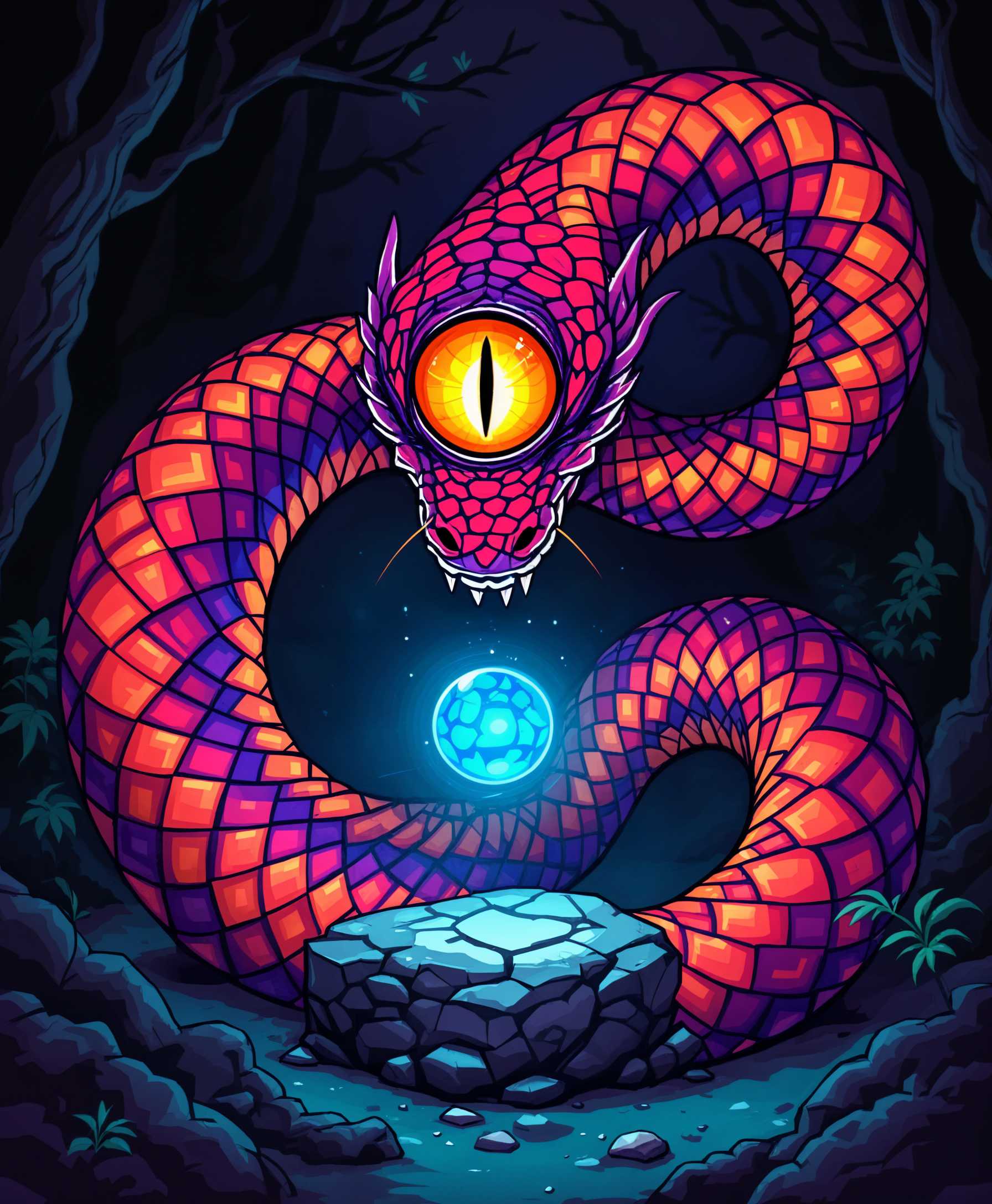 AI-generated image: Create an image of a **one-eyed serpent** resembling a **cyclops**, with a body that spirals in shad