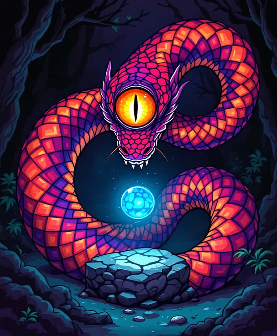 Create an image of a **one-eyed serpent** resembling a **cyclops**, with a body that spirals in shades of **red, orange, and purple**. The serpent's single eye should be large, luminous, and slightly off-center, giving it a **dorky yet menacing** appearance. 

- **Style**: Cartoonish with elements of surrealism, reminiscent of a comic book or graphic novel illustration.
- **Visual Details**: The scales should shimmer with iridescent purple hues, blending into vibrant orange and fiery red. The eye should have a golden iris with a vertical slit pupil, adding to its dangerous allure.
- **Composition**: The serpent coils around a mystical stone orb, its body creating a dynamic spiral composition that draws the eye into the center where the orb rests. The background should be a stark contrast, perhaps a shadowy forest or a darkened cave, enhancing the creature's otherworldly presence.
- **Mood and Atmosphere**: The scene should evoke a sense of mystery and slight unease, with the lighting focused on the serpent, casting eerie shadows and highlighting its colors. The atmosphere should suggest it's twilight, with the last rays of sunlight filtering through the surroundings, creating a mix of warmth and foreboding.
- **Technical Aspects**: Use a **low depth of field** to keep the serpent in sharp focus, while the background remains slightly blurred, enhancing the creature's prominence. Employ **dramatic lighting** with chiaroscuro effects to emphasize the texture of the scales and the depth of the eye. 

This image should encapsulate the **dorky yet dangerous** nature of the serpent, making it both a subject of intrigue and a potential threat within its fantastical environment.