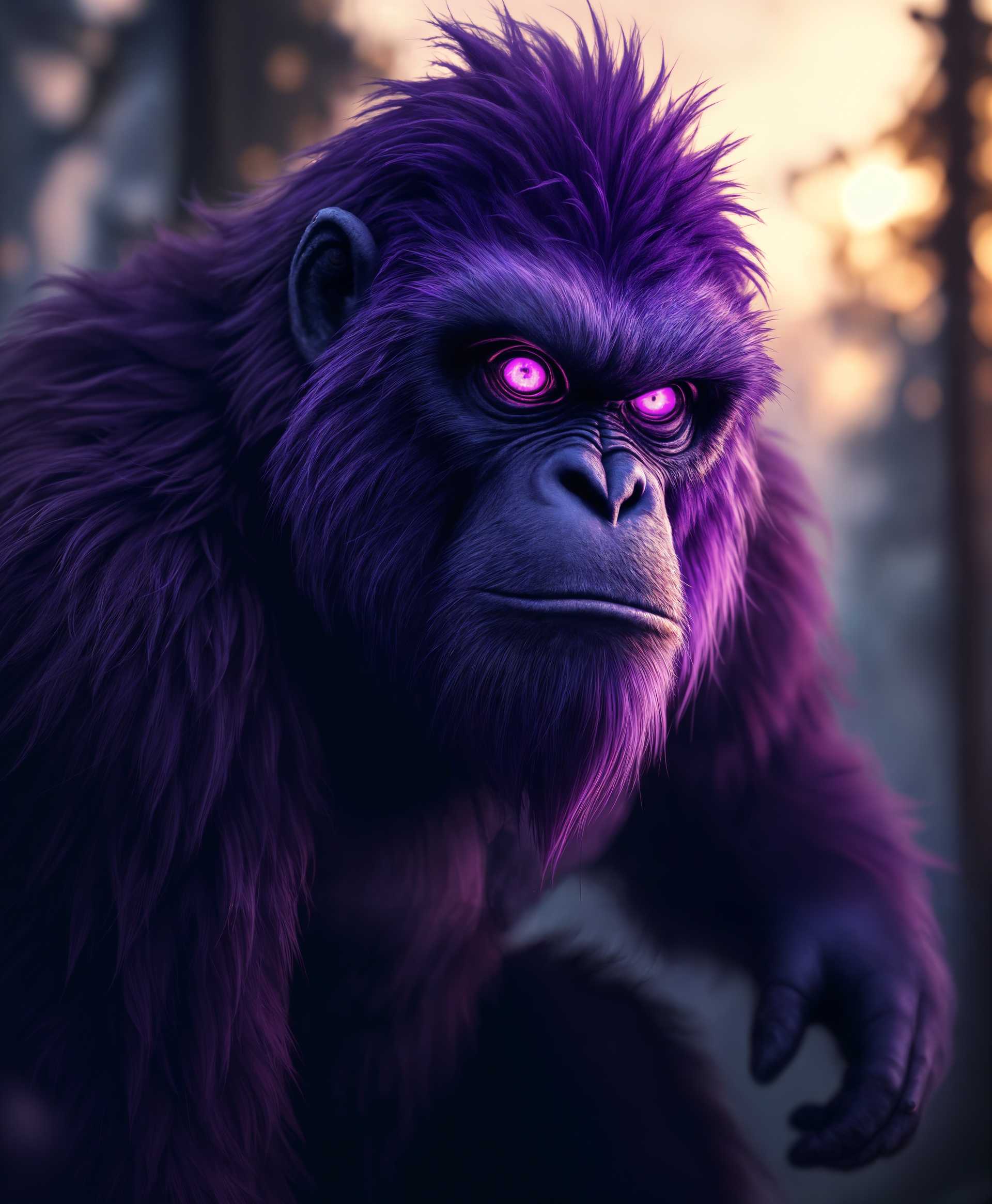 masterpiece, best quality, highres, sharp image, more detail, masterpiece, best quality, highres, sharp image, more detail, Create an image of a **Bigfoot** with the following specifications:

- **Subject**: A towering, muscular creature with the fur and facial features reminiscent of a **monkey**. Its fur should be a vibrant **purple**, with variations of lighter and darker shades for depth.

- **Mood/Atmosphere**: Despite its menacing appearance, the creature's eyes should convey **kindness**. The setting should be dusk, with the soft, golden light casting long shadows, enhancing the creature's mysterious yet gentle nature.

- **Visual Details**: 
  - Fur texture should be thick and wild, with visible individual strands that catch the light.
  - Eyes are large, round, and expressive, glowing with a gentle purple hue.
  - Musculature is pronounced, showing strength but not aggression.
  - Hands are large, with opposable thumbs, showing signs of gentle touch.

- **Style**: The image should mimic the **hyper-realistic** style of wildlife photography, with focus on texture and detail, yet with elements of **fantasy art** to accommodate the unusual coloring.

- **Composition**: 
  - Bigfoot is slightly off-center, looking towards the camera with a curious yet non-threatening gaze.
  - The background should be a dense, misty forest, with shafts of light piercing through the canopy to highlight the creature.
  - Framing should be from a low angle to emphasize its size and power.

- **Technical Aspects**: 
  - Use **shallow depth of field** to blur the background, focusing on Bigfoot.
  - **High dynamic range (HDR)** to capture the contrast between the shadows and the light on the fur.
  - **Bokeh** effect in the background to enhance the mystical atmosphere.

This portrayal should blend the elements of danger with an underlying sense of kindness, creating a visually compelling and cohesive scene.