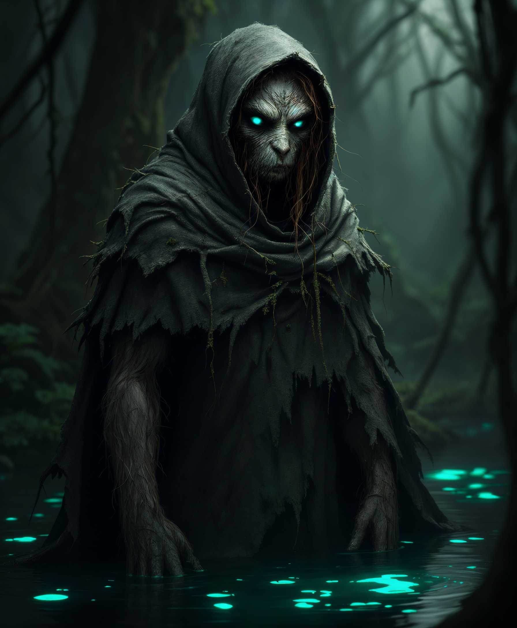 AI-generated image: Create an image of **Catherine, the Swamp Woman**, who has trouble remembering almost anything. She