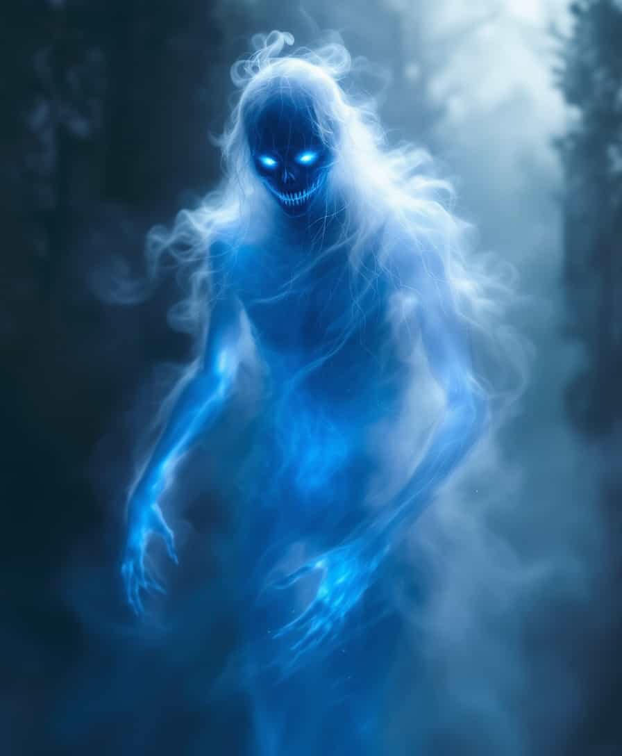 Create an image of a **ghostly apparition**:

- **Subject**: A spectral entity, predominantly composed of **iris-blue colored fog** that swirls and shifts like mist. This ghost lacks a solid body, with only **long, skinny arms** emerging from the fog, dragging itself across the scene.
  
- **Visual Details**: The fog should have a **luminescent quality**, subtly glowing with an ethereal light. The arms are **semi-transparent**, with visible **veins of blue energy** running through them, giving them a sense of movement and life. The face within the fog should be **vaguely human**, reminiscent of his former self but distorted by the ghostly form, with **haunting, hollow eyes** and a **wistful expression**.

- **Style**: Capture this ghost in a **hyper-realistic style**, focusing on the ethereal qualities of the fog, using techniques like **light painting** to give depth and texture to the spectral form. The background should be **dark and moody**, enhancing the ghost's visibility and creating a **contrast** that makes the blue fog stand out.

- **Composition**: Position the ghost in the **center of the frame**, with its arms outstretched towards the viewer. Use a **low camera angle** to give the ghost an imposing presence, as if it's looming over the viewer. The frame should be **slightly blurred at the edges**, suggesting the ghost's presence is extending beyond the visible space.

- **Mood and Atmosphere**: Set the scene at **twilight**, with the last rays of sunlight filtering through a dense forest or graveyard, casting long shadows and creating an eerie atmosphere. The mood should be **melancholic yet eerie**, with the ghost appearing both lost and searching for something.

- **Technical Aspects**: Employ **long exposure photography techniques** to capture the ghost's movement, making the fog seem to swirl and the arms appear to drag with a ghostly trail. Use **soft focus** for the background to emphasize the ghost, and **high dynamic range** to capture the subtle details in the fog's luminescence.

- **Cohesion**: All elements should work together to evoke a sense of **otherworldliness** and **nostalgia**, with the ghost's presence being both haunting and pitiful, creating a unified scene that feels both believable and surreal.