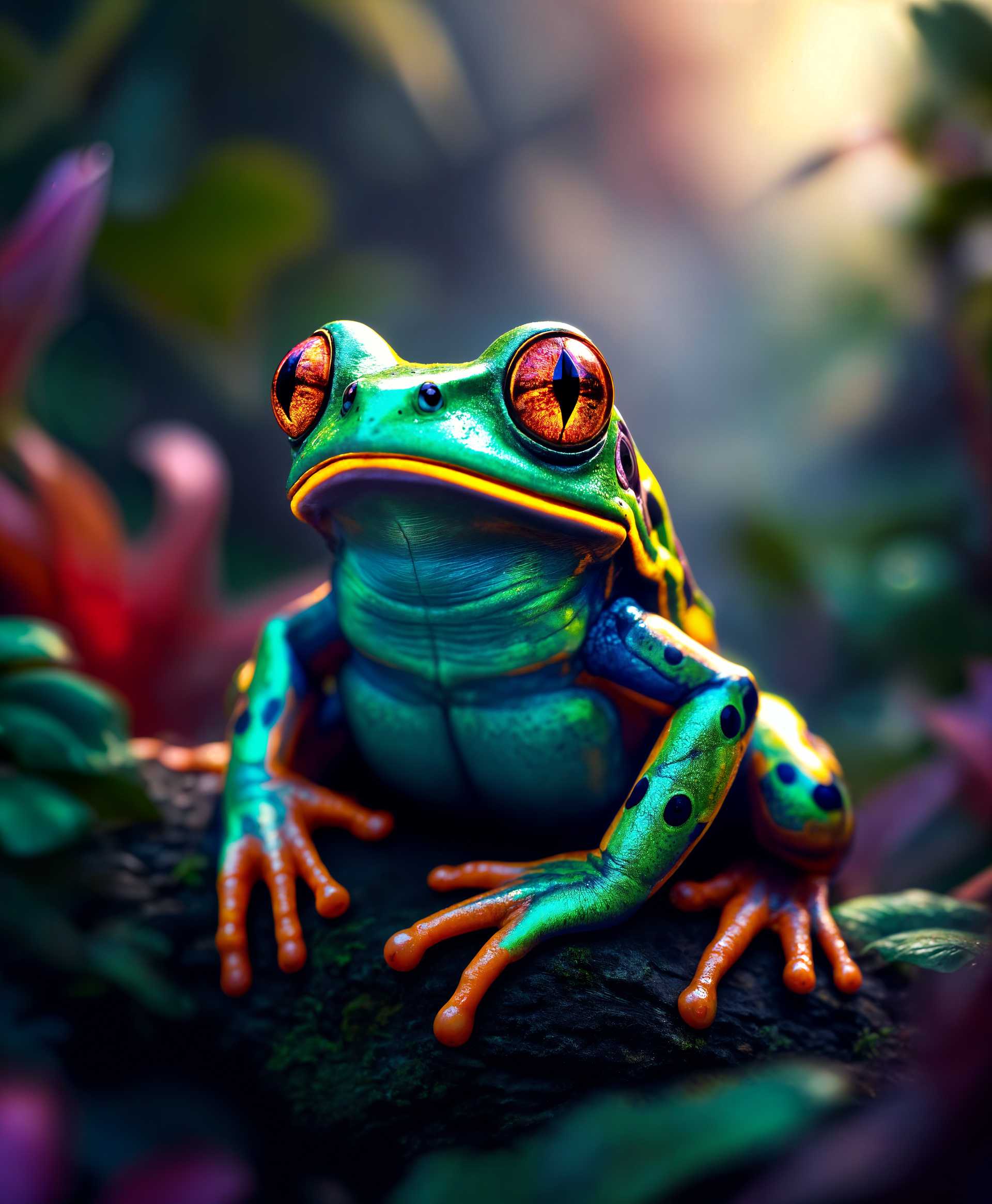 masterpiece, best quality, highres, sharp image, more detail, masterpiece, best quality, highres, sharp image, more detail, A high-resolution, photorealistic image of a **mind-controlling, poisonous frog** depicted in a **sinister, lush rainforest setting**. 

**Visual Details:**
- The frog is an iridescent, neon green with black spots, suggesting its toxicity. Its eyes are a mesmerizing, hypnotic swirl of red and gold, indicative of its mind-controlling abilities.
- The surrounding foliage is vibrant with shades of emerald green, deep purples, and bright reds, contrasting with the frog's toxic coloration.
- The texture of the frog's skin is slick, almost translucent, with a glossy sheen that reflects the light filtering through the dense canopy above.

**Style:**
- The image is rendered in a **hyper-realistic** style, with attention to biological accuracy, yet infused with elements of **fantasy** to highlight the frog's supernatural abilities.

**Composition:**
- The frog is centered in the frame, perched on a moss-covered log, looking directly at the viewer with an unsettling, knowing gaze.
- The camera angle is slightly low, emphasizing the frog's dominance in its environment.
- The depth of field focuses sharply on the frog, with the background blurring into a tapestry of rainforest colors, creating a sense of depth and mystery.

**Mood and Atmosphere:**
- The scene exudes an **eerie, foreboding** atmosphere, with the dim light casting long shadows and highlighting the frog's ominous presence.
- The time of day is twilight, with the setting sun casting a golden, almost surreal glow through the trees, enhancing the mystical quality of the scene.

**Technical Aspects:**
- **Lighting:** Soft, diffused light with sharp highlights on the frog to accentuate its texture and color.
- **Depth of Field:** Shallow depth of field to isolate the subject, creating a mysterious backdrop.
- **Color Grading:** Enhanced saturation to emphasize the vivid, otherworldly colors of the rainforest and the frog.

**Cohesion:**
- All elements combine to create a scene where nature's beauty hides a dangerous predator, evoking a sense of awe, fear, and fascination with this creature's unique, mind-controlling powers.