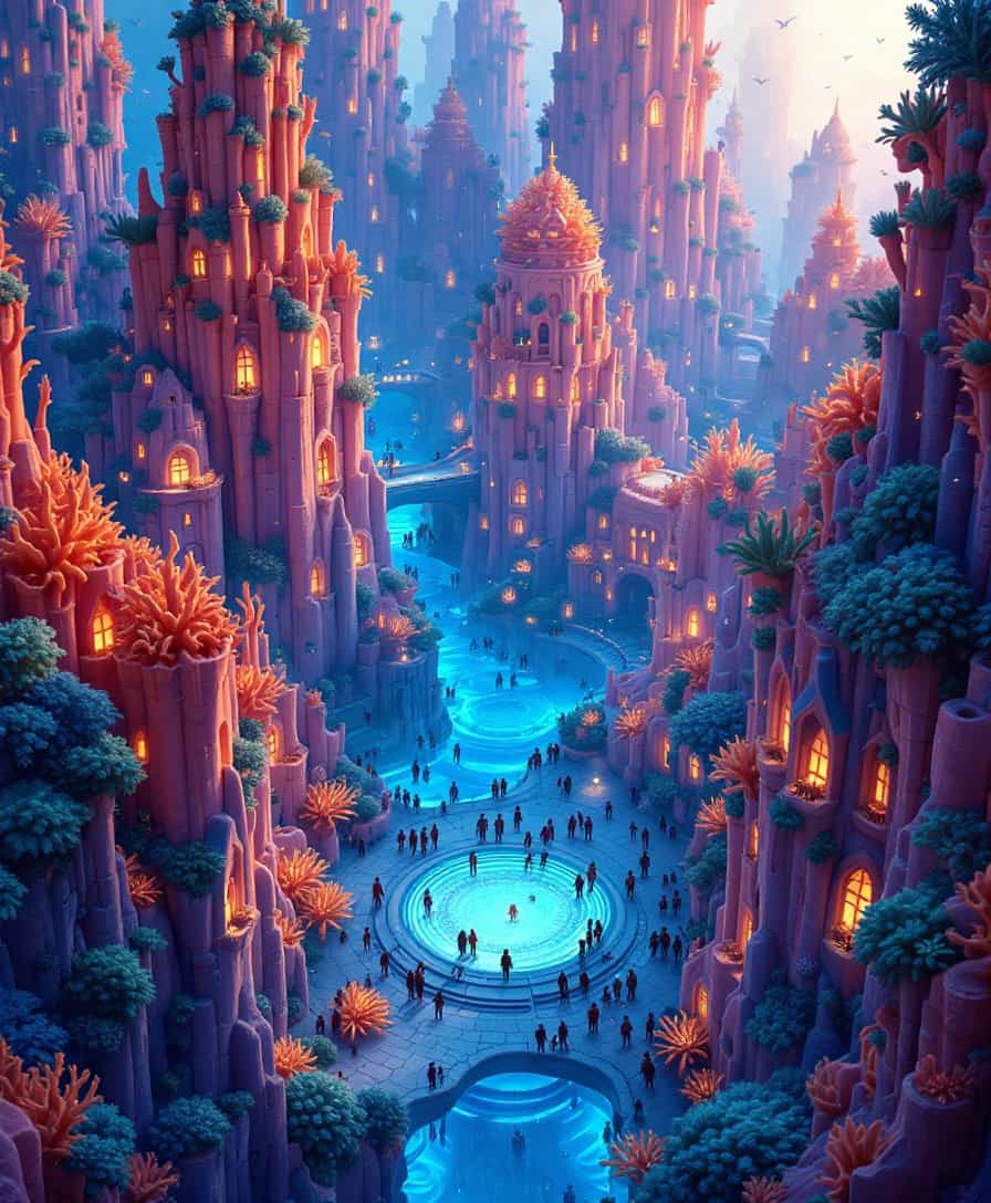 Create an image of Coralville, a mesmerizing underwater city crafted entirely from vibrant coral structures, showcasing:

- **Visual Details:** 
  - A bustling metropolis with buildings that mimic coral formations in hues of blue and orange.
  - Coralites, small, friendly creatures with a bio-luminescent glow, interacting with their environment through bioluminescent lights in shades of blue and orange.
  - The coral cityscape adorned with intricate details like windows, walkways, and gardens made from anemones and sea flora.
  - Subtle texture of coral surfaces, from smooth to craggy, capturing the organic feel of the underwater city.

- **Style:** 
  - Mimic the fantastical, intricate detail seen in Jules Verne’s illustrations, with a touch of modern CGI rendering to enhance the vividness.

- **Composition:** 
  - Aerial view to capture the expansive layout of Coralville, showcasing the intricate network of streets and buildings.
  - Focus on a central plaza where Coralites are gathered, with surrounding coral towers in the background.

- **Mood and Atmosphere:** 
  - A serene and enchanting atmosphere, with soft, diffused lighting from the bioluminescence creating an ethereal glow.
  - Clear, crystal-like water to allow for visibility of the city's depths, with sunlight filtering through in beams.

- **Technical Aspects:** 
  - Utilize high dynamic range imaging to capture the contrast between the darker depths and the vibrant city lights.
  - Depth of field to highlight the main plaza while blurring the outer edges of the city into the surrounding ocean.

- **Cohesion:** 
  - Ensure the bioluminescent glow integrates seamlessly with the coral structures, creating a harmonious and believable underwater ecosystem.