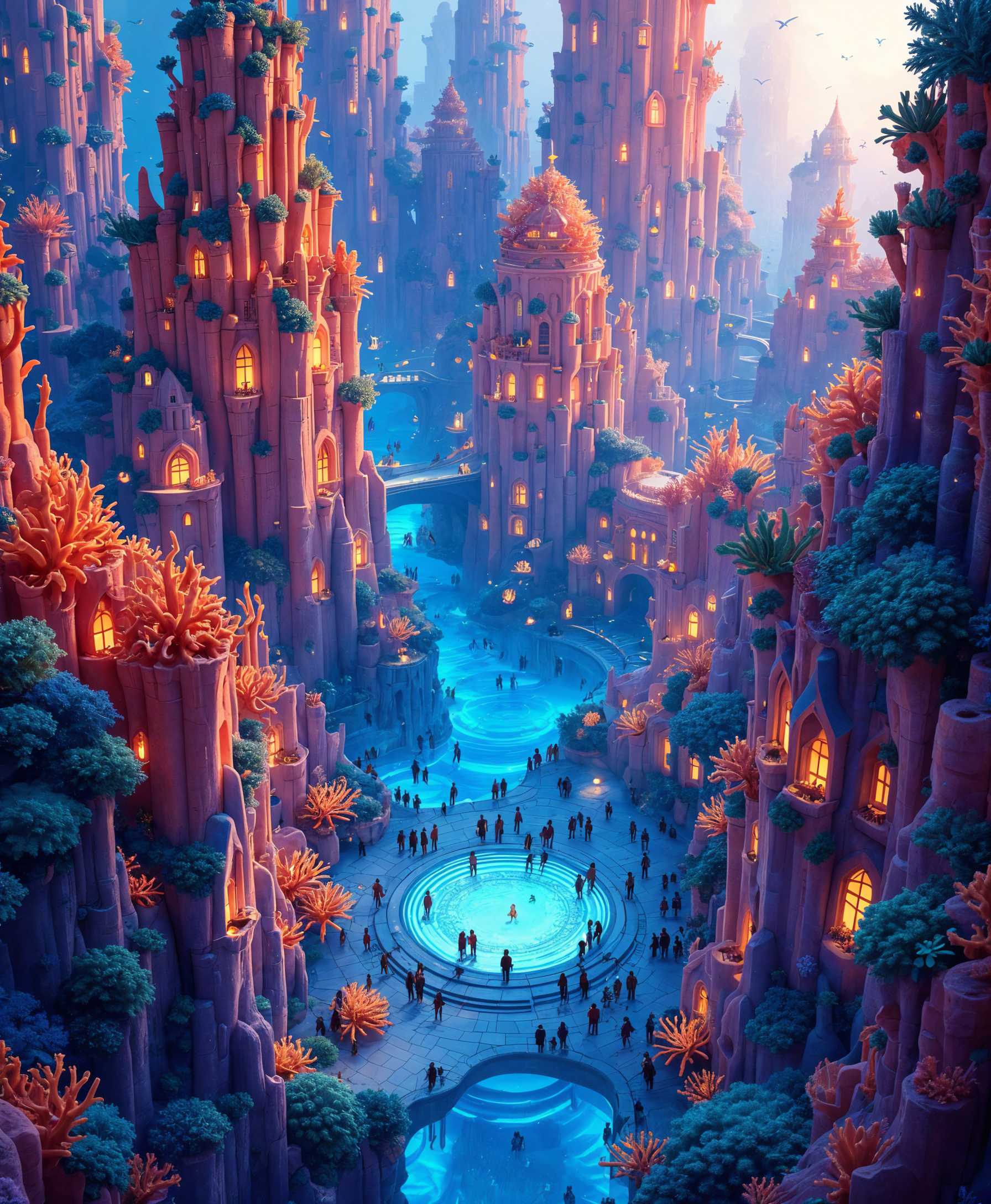 AI-generated image: Create an image of Coralville, a mesmerizing underwater city crafted entirely from vibrant coral str