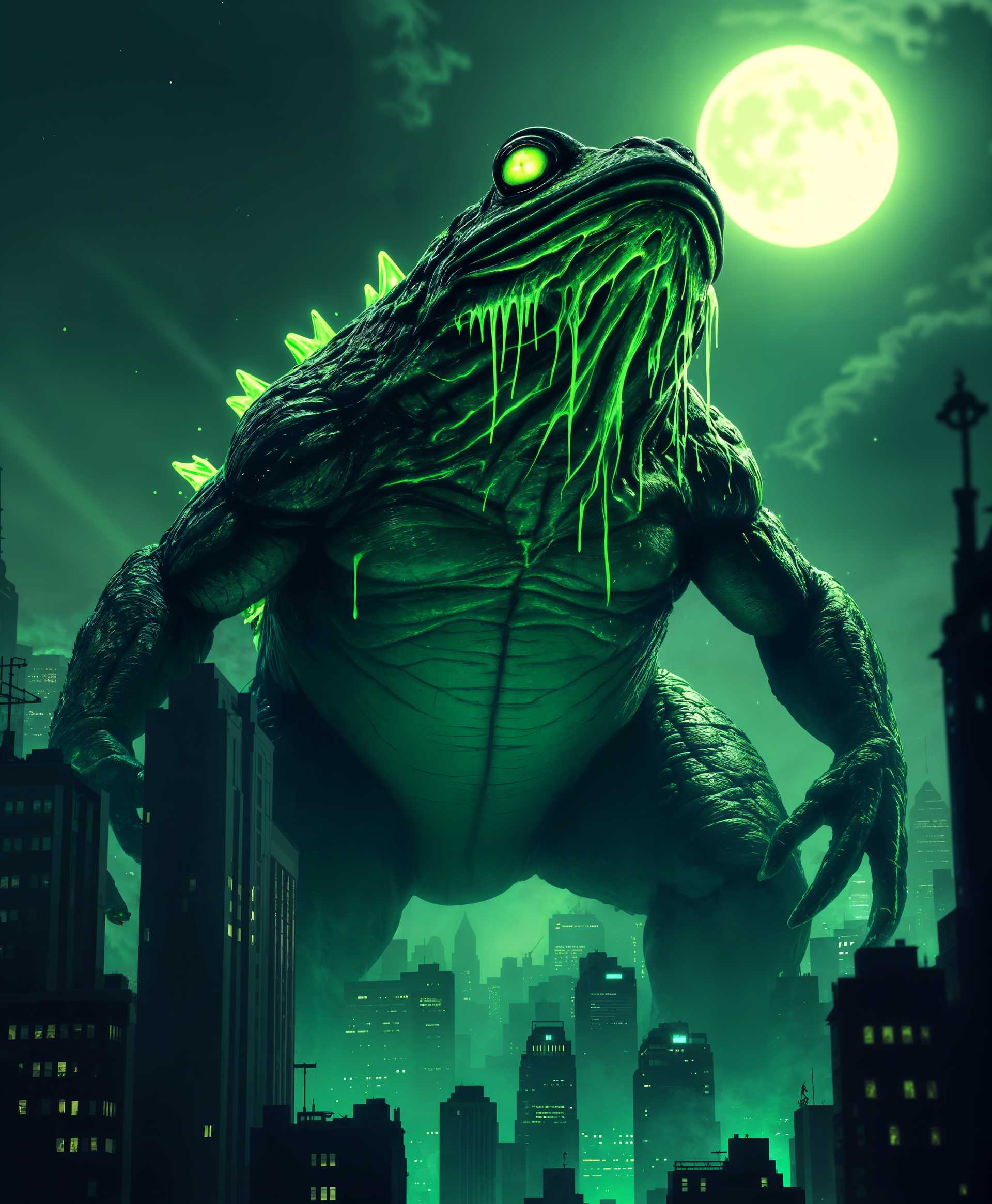 masterpiece, best quality, highres, sharp image, more detail, masterpiece, best quality, highres, sharp image, more detail, Create an image of an enormous, Godzilla-sized frog, its skin textured with slimy, iridescent mucus that glistens under the moonlight. The frog should have a menacing appearance, with:

- **Visual Details**: 
   - Its body is a deep, menacing green, with patches of lighter and darker shades to suggest muscle definition. 
   - Acidic saliva drips from its gaping maw, glowing faintly in neon green, with visible bubbles and fizzing effects.
   - The frog's eyes are large, glowing with an eerie yellow light, pupils slit like a reptile, and its skin around the eyes should appear leathery and rough.

- **Style**: 
   - The style should evoke horror, reminiscent of classic monster movies, with a touch of surrealism to enhance the nightmarish quality. 

- **Composition**: 
   - The frog is positioned in an urban environment, its massive form towering over skyscrapers, with its head tilted back to emit a stream of acid towards the sky. 
   - Use a wide-angle lens effect to capture the frog's full scale and the terror of its presence, with humans in the foreground running in panic.

- **Mood and Atmosphere**: 
   - The scene is set at night, with a storm brewing; lightning flashes in the background, illuminating the frog and casting long shadows.
   - The atmosphere is tense, filled with the sounds of chaos, screams, and the hissing of acid eating through metal.

- **Technical Aspects**: 
   - Use chiaroscuro lighting to enhance the dramatic effect, with the frog's silhouette stark against the night sky.
   - Apply a slight fisheye lens distortion to heighten the sense of unease and scale.

- **Cohesion**: 
   - Every element, from the frog's terrifying teeth to the acid spray, should contribute to a unified scene of horror and chaos, making the viewer feel the imminent danger.