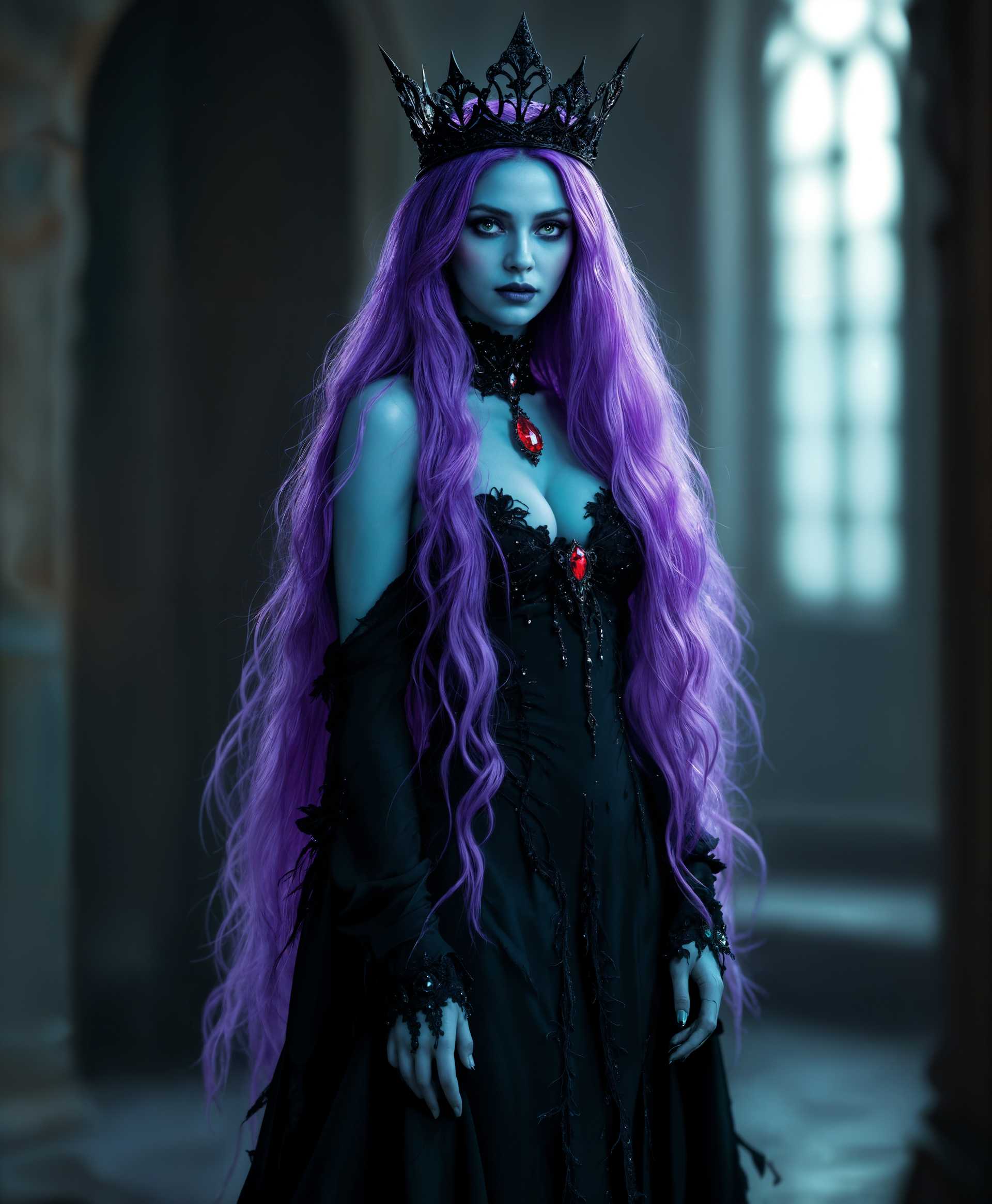 masterpiece, best quality, highres, sharp image, more detail, masterpiece, best quality, highres, sharp image, more detail, A **portrait** of a queen with **turquoise skin**, **voluminous violet hair** that cascades down to her ankles. Her face is adorned with **aqua green eyelids and lips** and **large, oblong-shaped magenta eyes** with **no pupils**, giving her an ethereal appearance. She is dressed in a **long, tattered, figure-hugging black dress** that clings to her slender form, highlighted by **a ruby brooch** at the neckline. On her head sits a **black five-pointed crown**, adding a regal yet haunting quality to her look. The style is **Gothic fantasy** with **high contrast lighting** to emphasize the texture of her hair and the tattered edges of her dress. The composition is **full-length**, with the queen standing in a **slightly turned pose** to showcase the dress and her crown. The **mood** is **mysterious** and **otherworldly**, set in a **dimly lit, foggy chamber**, with **soft, ambient lighting** from unseen sources to enhance the mystical ambiance. Use **deep focus** to capture both the intricate details of her facial features and the depth of the dress.