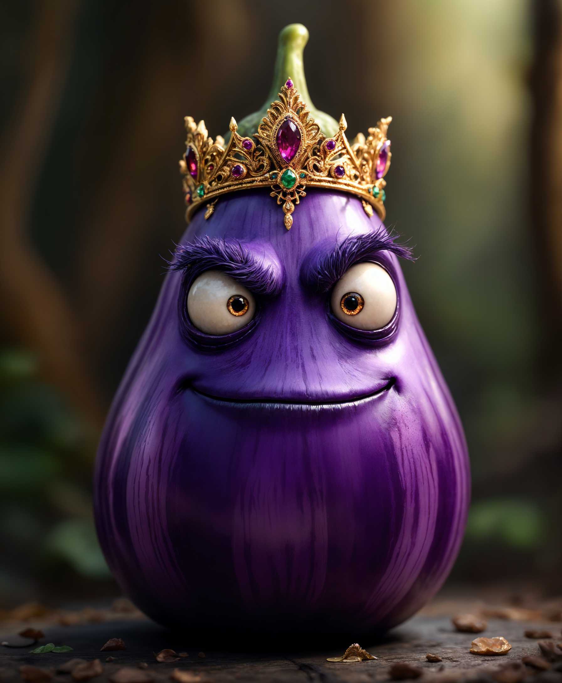 masterpiece, best quality, highres, sharp image, more detail, masterpiece, best quality, highres, sharp image, more detail, A photorealistic portrait of an eggplant monster with a regal demeanor, wearing an ornate crown. The eggplant's skin is smooth and glossy, showcasing the deep, rich purple color with subtle streaks of lighter lavender, creating a sense of depth. The crown is made of gold, intricately designed with rubies and emeralds, reflecting light in a way that highlights its royal status. 

**Visual Details:**
- The eggplant's face is anthropomorphic, with large, expressive eyes that have a hint of mischief, framed by delicate, leafy eyebrows. Its mouth shows a slight, confident smile, adding personality to the character.
- The crown sits slightly askew, suggesting a playful or slightly rebellious nature. The jewels on the crown sparkle, casting tiny reflections.

**Style:**
- The image combines elements of fantasy art with a touch of surrealism, reminiscent of artists like Salvador Dalí or Hieronymus Bosch, but with a contemporary twist.

**Composition:**
- The eggplant monster is centered in the frame, against a backdrop of a mystical, dark forest at dusk. The camera angle is slightly low, looking up at the monster, enhancing its imposing presence.

**Mood and Atmosphere:**
- The scene is set at twilight, with the last light of day casting an eerie, ethereal glow. The atmosphere is both majestic and slightly unsettling, capturing the viewer's attention with its unexpected combination of the mundane (an eggplant) and the fantastical (the crown).

**Technical Aspects:**
- Use depth of field to keep the monster in sharp focus while the background softly blurs, emphasizing the subject. Employ dramatic lighting to highlight the textures of the eggplant skin and the crown's jewels, using side lighting to create dramatic shadows and highlights.

**Cohesion:**
- The eggplant monster's royal attire, combined with the eerie forest setting, creates a unified narrative of a whimsical yet authoritative figure, ruling over a hidden, fantastical realm. The crown's opulence contrasts with the natural, organic shape of the eggplant, blending the fantastical with the familiar in a cohesive visual story.
