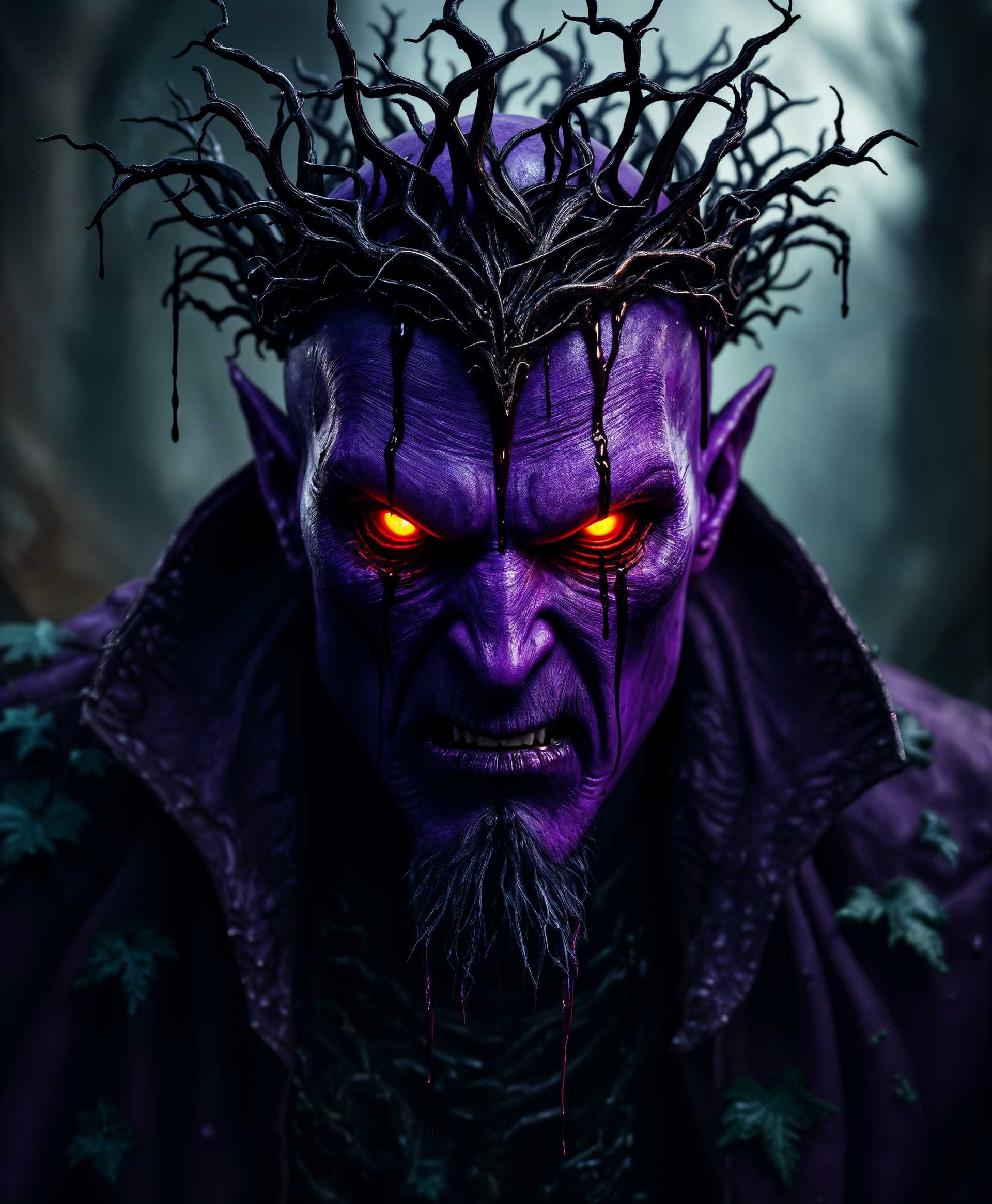 masterpiece, best quality, highres, sharp image, more detail, masterpiece, best quality, highres, sharp image, more detail, A sinister, **hyperrealistic** portrait of the **Dangerous Eggplant King** in a **horror** setting, where:

- **Visual Details**: His skin is a deep, **vibrant purple**, with **glossy sheen** reminiscent of an eggplant's surface. His eyes burn with **fiery anger**, **glowing red** from within, casting **eerie shadows** across his face. His **crown** is a twisted, thorny vine, **dripping with a mysterious, dark liquid** that reflects the **dim, flickering light** of a stormy night.

- **Style**: The image should capture the essence of **Gothic horror**, with **chiaroscuro lighting** to emphasize the **contrast** between dark and light, evoking the works of **Giger** for its **biomechanical** and **nightmarish** aesthetic.

- **Composition**: The Eggplant King is **front and center**, his **massive form filling the frame**, with his **hands gripping the edges** as if he's about to burst out of the image. Behind him, **blurry silhouettes** of **cooking utensils** and **steam** from boiling pots create an **ominous, foreboding background**, suggesting the fate of his family.

- **Mood and Atmosphere**: The scene is set at **midnight**, during a **thunderstorm**. Lightning occasionally illuminates the scene, casting **harsh, angular shadows** and highlighting the **King's furious expression**. The air is **thick with tension** and **the scent of cooking**, creating a **claustrophobic** and **terrifying** ambiance.

- **Technical Aspects**: Use **macro photography techniques** to focus on the **textures** of the eggplant skin, with **selective focus** to blur the background, enhancing the horror effect. The **camera angle** should be **slightly low** to make the King appear even more imposing, with **shallow depth of field** to isolate him from the chaos behind.

- **Cohesion**: Every element from the **lighting** to the **King's expression** and the **background** should contribute to a **unified scene** of **horror**, where the viewer feels the **danger** and **madness** of the Eggplant King as he witnesses his family's demise.