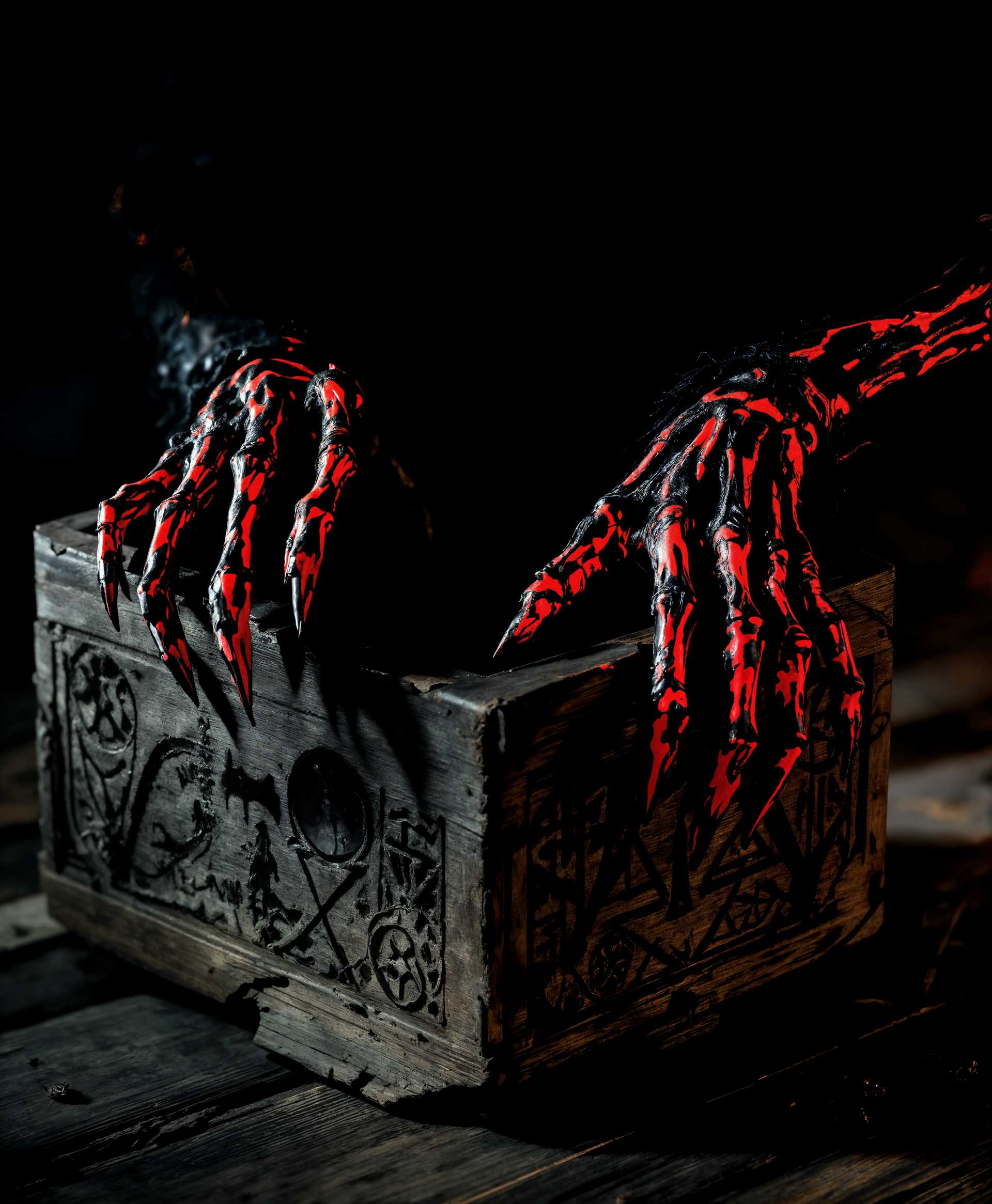masterpiece, best quality, highres, sharp image, more detail, masterpiece, best quality, highres, sharp image, more detail, A dynamic and surreal scene where a **box demon** emerges from a weathered, wooden box, its arms stretching unnaturally long and sinewy, reaching out to ensnare unsuspecting victims. The demon's hands are elongated, with fingers that curve like claws, painted in shades of deep, dark reds and blacks, contrasting sharply against the muted, earthy tones of the box. 

**Visual Details:**
- The box has intricate carvings that hint at its demonic origin, with shadows that play across its surface, enhancing its eerie presence.
- The demon's skin is textured like old, cracked leather, with a slight luminescence that hints at an otherworldly glow in the dim light.
- The arms and hands are skeletal yet flexible, covered in patches of fur or hair, adding to the horror of the scene.

**Style:**
- The style is reminiscent of Gothic horror, with influences from Hieronymus Bosch's detailed and grotesque imagery, combined with the surreal, dream-like quality of Salvador Dalí's paintings.

**Composition:**
- The demon is the focal point, positioned at the center of the frame, with its arms extending towards the viewer, creating a sense of being pulled into the scene.
- The camera angle is slightly low, looking up at the demon, emphasizing its power and the threat it poses.
- The background is a dark, misty void, with only the faintest suggestion of an environment, focusing all attention on the demon and its box.

**Mood and Atmosphere:**
- The atmosphere is tense, filled with dread and the unknown. The lighting is low-key, with dramatic chiaroscuro effects that highlight the demon's menacing features and the horror of the situation.
- The time of day is indiscernible, suggesting this scene could happen in the darkest part of night or in a timeless void.

**Technical Aspects:**
- Use of depth of field to blur the background, focusing on the demon's arms and the box, with selective focus to guide the viewer's eye.
- Incorporate elements of forced perspective to make the demon's arms appear to stretch impossibly far.

**Cohesion:**
- The scene blends the surreal with the macabre, creating a visual narrative where the box demon is not just a creature but a portal to an unknown horror, its long arms serving as the bridge between worlds, pulling the viewer into its grasp with an inescapable force.