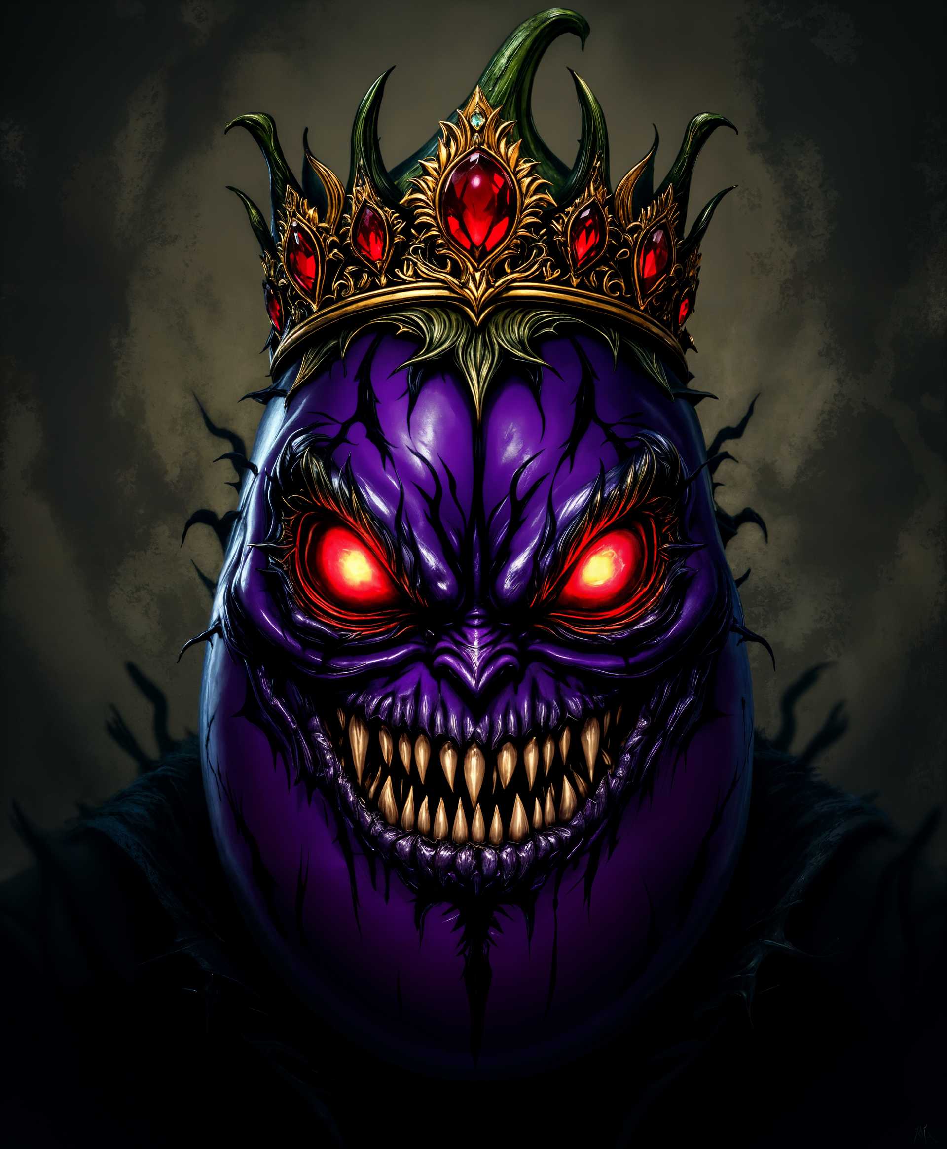 masterpiece, best quality, highres, sharp image, more detail, masterpiece, best quality, highres, sharp image, more detail, A photorealistic portrait of an eggplant monster with a regal demeanor, wearing an ornate crown. The eggplant's skin is smooth and glossy, showcasing the deep, rich purple color with subtle streaks of lighter lavender, creating a sense of depth. The crown is made of gold, intricately designed with rubies and emeralds, reflecting light in a way that highlights its royal status. 

**Visual Details:**
- The eggplant's face is anthropomorphic, with large, expressive eyes that have a hint of mischief, framed by delicate, leafy eyebrows. Its mouth shows a slight, confident smile, adding personality to the character.
- The crown sits slightly askew, suggesting a playful or slightly rebellious nature. The jewels on the crown sparkle, casting tiny reflections.

**Style:**
- The image combines elements of fantasy art with a touch of surrealism, reminiscent of artists like Salvador Dalí or Hieronymus Bosch, but with a contemporary twist.

**Composition:**
- The eggplant monster is centered in the frame, against a backdrop of a mystical, dark forest at dusk. The camera angle is slightly low, looking up at the monster, enhancing its imposing presence.

**Mood and Atmosphere:**
- The scene is set at twilight, with the last light of day casting an eerie, ethereal glow. The atmosphere is both majestic and slightly unsettling, capturing the viewer's attention with its unexpected combination of the mundane (an eggplant) and the fantastical (the crown).

**Technical Aspects:**
- Use depth of field to keep the monster in sharp focus while the background softly blurs, emphasizing the subject. Employ dramatic lighting to highlight the textures of the eggplant skin and the crown's jewels, using side lighting to create dramatic shadows and highlights.

**Cohesion:**
- The eggplant monster's royal attire, combined with the eerie forest setting, creates a unified narrative of a whimsical yet authoritative figure, ruling over a hidden, fantastical realm. The crown's opulence contrasts with the natural, organic shape of the eggplant, blending the fantastical with the familiar in a cohesive visual story.
