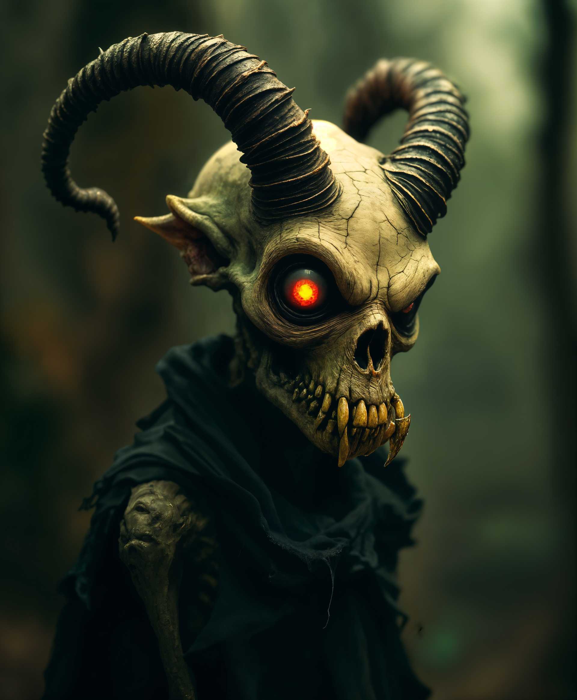 masterpiece, best quality, highres, sharp image, more detail, masterpiece, best quality, highres, sharp image, more detail, Create an image of a **Bugle Monster**, an ethereal creature from the depths of nightmares:

- **Visual Details**: 
  - Skin: Craggy, with a texture reminiscent of dried, cracked earth, tinged with an eerie greenish-yellow hue.
  - Face: Deformed with asymmetrical features; one eye larger than the other, an elongated jaw, and crooked, protruding teeth.
  - Horns: Twisted and gnarled, resembling the bugle's bell shape but with a nightmarish, organic twist.
  - Eyes: Glowing with a malevolent red light, casting a sinister glow.
  - Body: Skeletal frame wrapped in tattered, ghostly fabric or shadows.

- **Style**: 
  - Inspired by the grotesque elements of **Hieronymus Bosch** and the surrealism of **Salvador Dali**.
  - Incorporate elements of **horror photography**, with high contrast, shadow play, and selective focus to highlight the monster's menacing features.

- **Composition**: 
  - The monster looms in the foreground, its presence overwhelming the viewer.
  - Use a **low angle shot** to make the creature appear more imposing and terrifying.
  - The background is a foggy, dreamlike landscape, with hints of twisted trees or a haunted forest, blurring the lines between reality and nightmare.

- **Mood and Atmosphere**: 
  - An atmosphere of **dread and foreboding**, with dim, eerie lighting to cast long, distorted shadows.
  - The time is **midnight**, with the moon casting an unnatural light, contributing to the surreal, nightmare quality.

- **Technical Aspects**: 
  - **Bokeh** effect to isolate the monster from the background, emphasizing its otherworldliness.
  - Use **chromatic aberration** subtly to enhance the unsettling feeling of the scene.
  - Apply **digital noise** to mimic the graininess of old horror films, adding to the vintage yet timeless terror.

- **Cohesion**: 
  - All elements should coalesce to evoke the primal fear of being stalked by something that shouldn't exist, blending the familiar with the grotesquely unfamiliar.