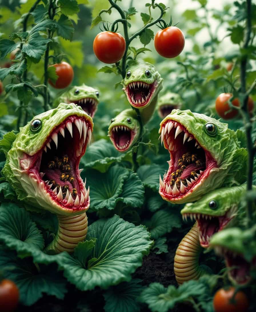 A surreal and ominous garden scene, where common garden crops have morphed into menacing, hybrid creatures:

- **Lettuce-Piranha Hybrids**: Picture cabbages and lettuce leaves with the ferocious jaws of piranhas, their sharp teeth snapping menacingly. The leaves are a deep green, with a glossy, wet texture as if they've just been pulled from the water, with hints of blood-red veins running through them. They are arranged in clusters, creating a predatory garden bed.

- **Tomato-Hornet Hybrids**: Tomatoes hang from vines, but each fruit is encased in a nest of hornets. The tomatoes are bright red, with a slight translucence, and the hornets buzz aggressively, their stingers protruding from the fruit, creating an atmosphere of danger and agitation.

- **Pea-Python Hybrids**: Long tendrils of pea plants twist and coil like pythons, with the pods themselves resembling the scales of a snake. The peas inside are large, with a menacing green glow, suggesting venom or poison. These plants slither through the garden, their movement unsettling and predatory.

**Visual Details**:
- Lighting: Late afternoon, with the sun casting long shadows, enhancing the eerie and threatening atmosphere. The light catches the wet surfaces of the lettuce leaves, the translucent tomatoes, and the shiny scales of the pea pods.
- Colors: Predominantly dark greens, with splashes of vibrant red from the tomatoes, and the menacing green glow from the pea pods.

**Style**: 
- This scene should be rendered in a style reminiscent of Salvador Dali's surrealism, with a touch of Hieronymus Bosch's grotesque detailing, where the normalcy of a garden becomes a bizarre, dream-like nightmare.

**Composition**: 
- The garden is viewed from a low angle, emphasizing the towering, menacing nature of these hybrid plants. The layout is chaotic yet deliberate, with each plant type having its own section, creating a maze-like feel. The viewer feels as though they are intruding upon a secret, dangerous world.

**Mood and Atmosphere**: 
- The mood is one of impending doom, with an undercurrent of fear. The atmosphere is thick with tension, the air is still except for the buzz of hornets and the rustling of leaves, with a slight mist hanging over the garden, adding to the surreal, otherworldly feel.

**Technical Aspects**: 
- Focus on depth of field to highlight the dangerous elements, with a shallow depth of field to blur the background slightly, focusing attention on the