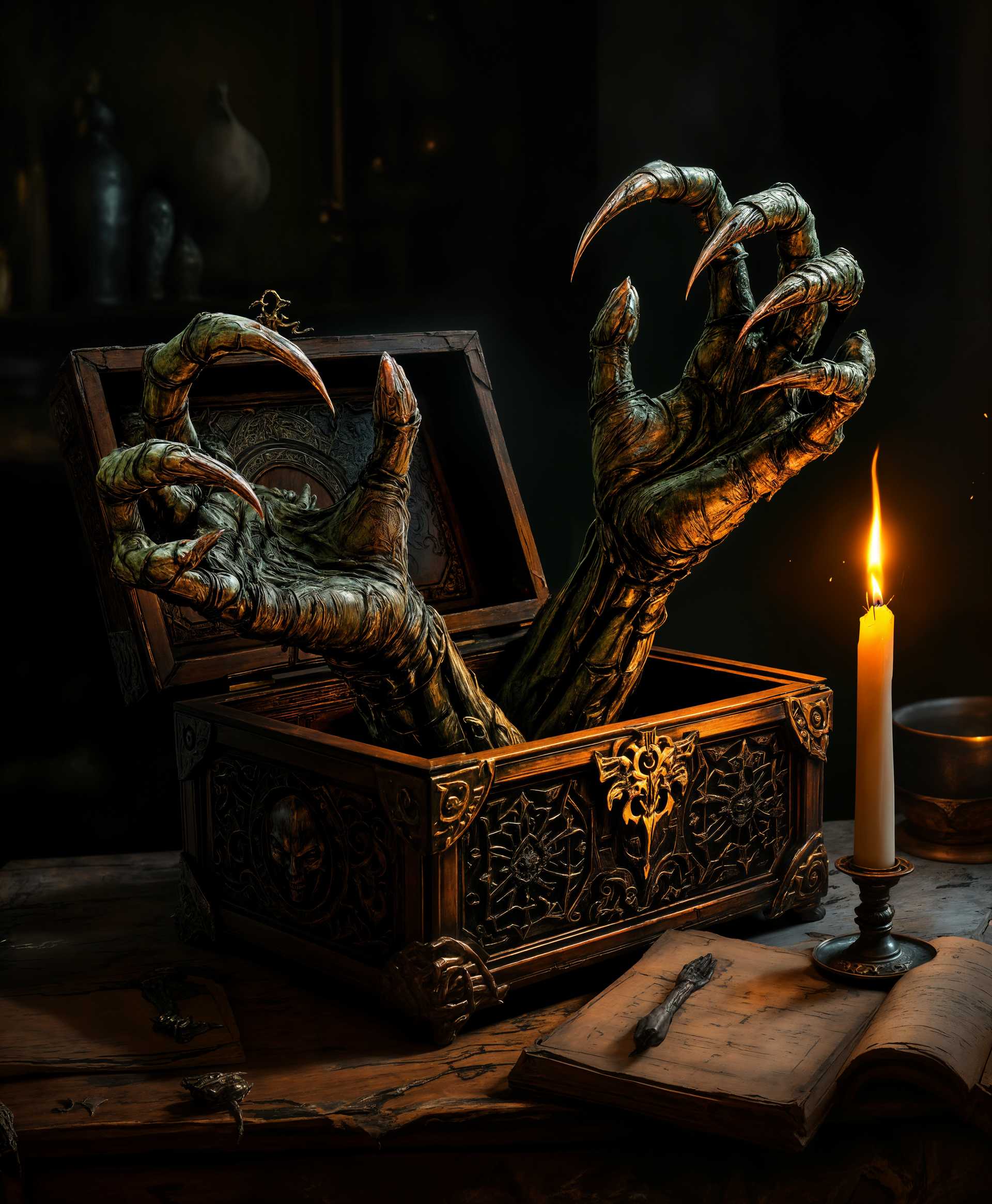 masterpiece, best quality, highres, sharp image, more detail, masterpiece, best quality, highres, sharp image, more detail, **Prompt:**

Imagine a scene where an old, ornate wooden box, its surface adorned with intricate carvings of arcane symbols and grotesque faces, sits on an ancient, dust-covered table in a dimly lit, gothic room. From this box, the gnarled, claw-like hands of a demon are emerging. 

- **Visual Details:** 
  - The box is made of dark, aged wood with hints of red and gold inlays, enhancing its sinister allure. 
  - The demon's hands are bony, with elongated fingers ending in sharp, menacing claws, covered in patches of scaly, dark green skin with hints of crimson.
  - The lighting is soft and shadowy, with a single candle flickering nearby, casting eerie shadows and glints off the claws.

- **Style:** 
  - The image should evoke the style of a dark fantasy painting, reminiscent of H.R. Giger's biomechanical art, mixed with the gothic horror of classic illustrations by Gustave Doré.

- **Composition:** 
  - The box is centered in the frame, with the demon's hands extending outwards, filling the foreground, creating a sense of intrusion into the viewer's space.
  - The camera angle is slightly low, looking up to emphasize the looming threat of the demon.

- **Mood and Atmosphere:** 
  - The atmosphere is thick with tension, the air almost palpable with dread. 
  - The time of day is uncertain, but the room suggests a perpetual twilight, with an oppressive darkness pressing in from the edges of the scene.

- **Technical Aspects:** 
  - Use chiaroscuro lighting to highlight the contrast between the dark room and the demon's emerging form.
  - Focus on detailed texture rendering for the wood grain, the demonic skin, and the carvings on the box.

**Cohesion:** 
The scene should feel like a moment frozen in time, where the supernatural is about to breach the mundane world, creating an unsettling, almost tangible sense of foreboding and otherworldly presence.
